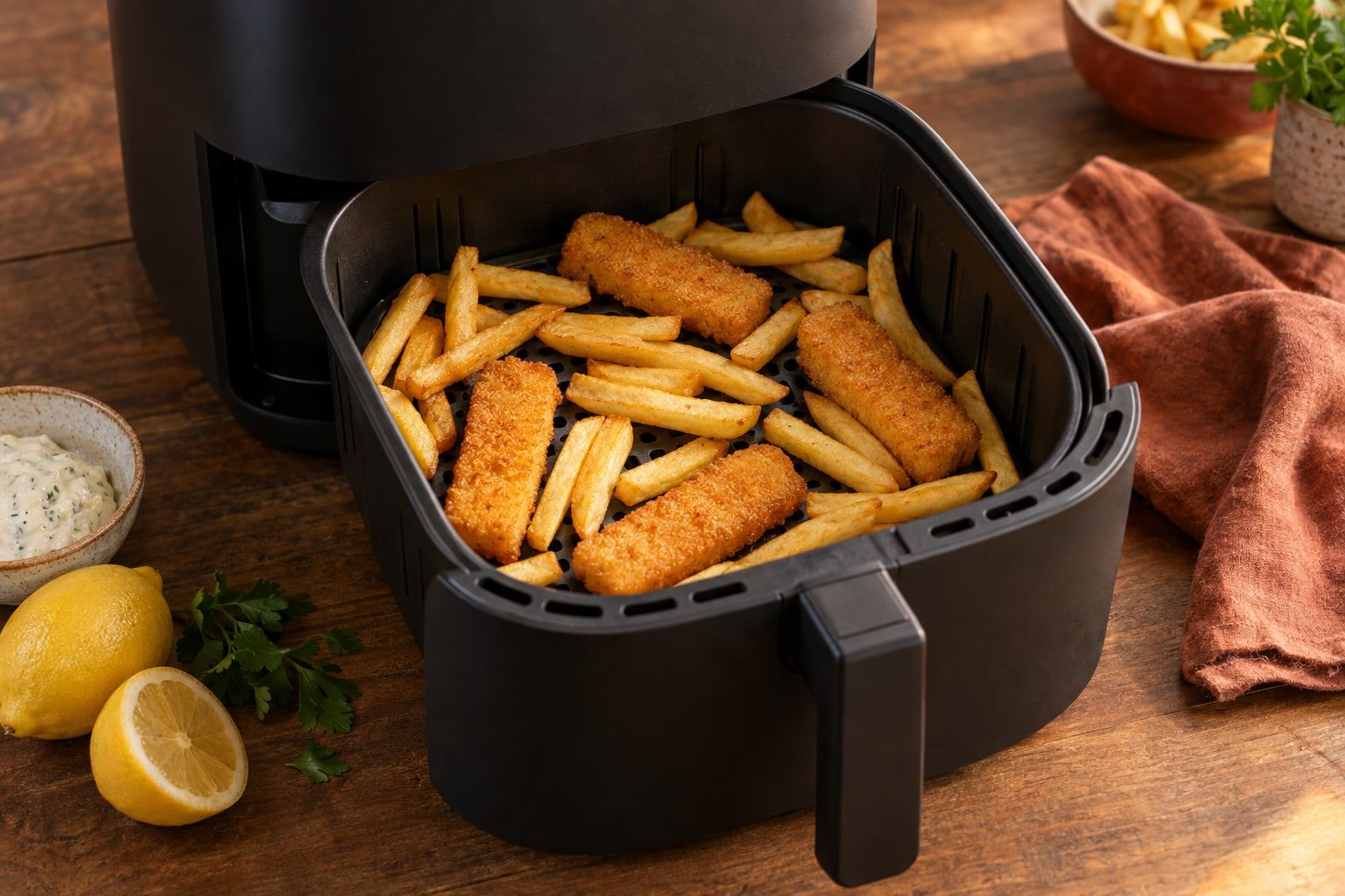 Airfryer für Anfänger, geöffneter Korb mit goldgelben Pommes und Fischstäbchen in einer Lage