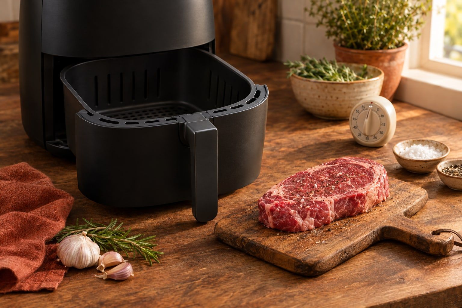 Airfryer vorheizen, ein leerer schwarzer Airfryer-Korb im geöffneten Gerät neben einer Küchenuhr und einem Steak auf einem Brett