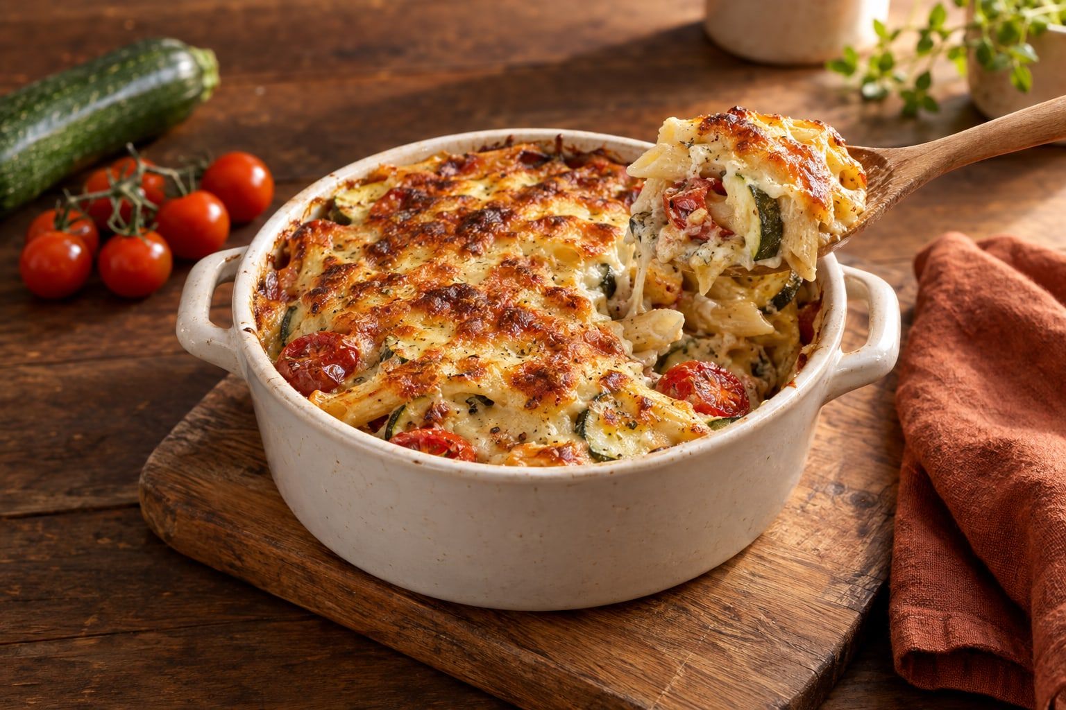 Auflauf im Airfryer, Nudelauflauf mit Zucchini und Tomaten unter goldbrauner Käsekruste in einer runden weißen Form