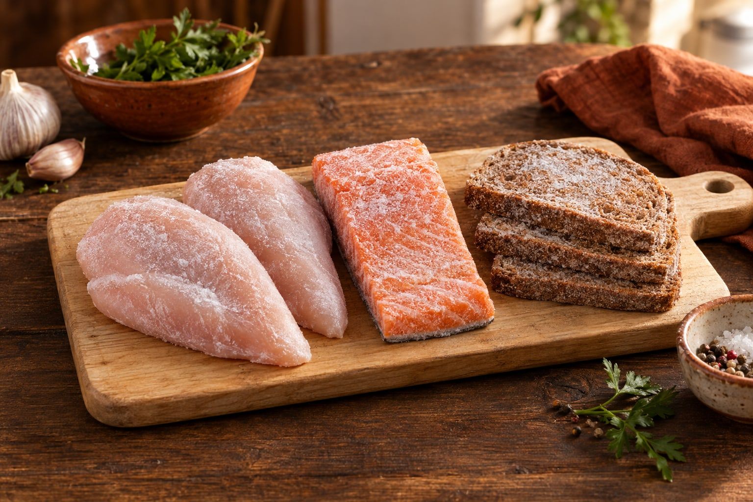 Auftauen im Airfryer, gefrorene Hähnchenbrust, Lachsfilet und Brotscheiben nebeneinander auf einem hellen Holzbrett