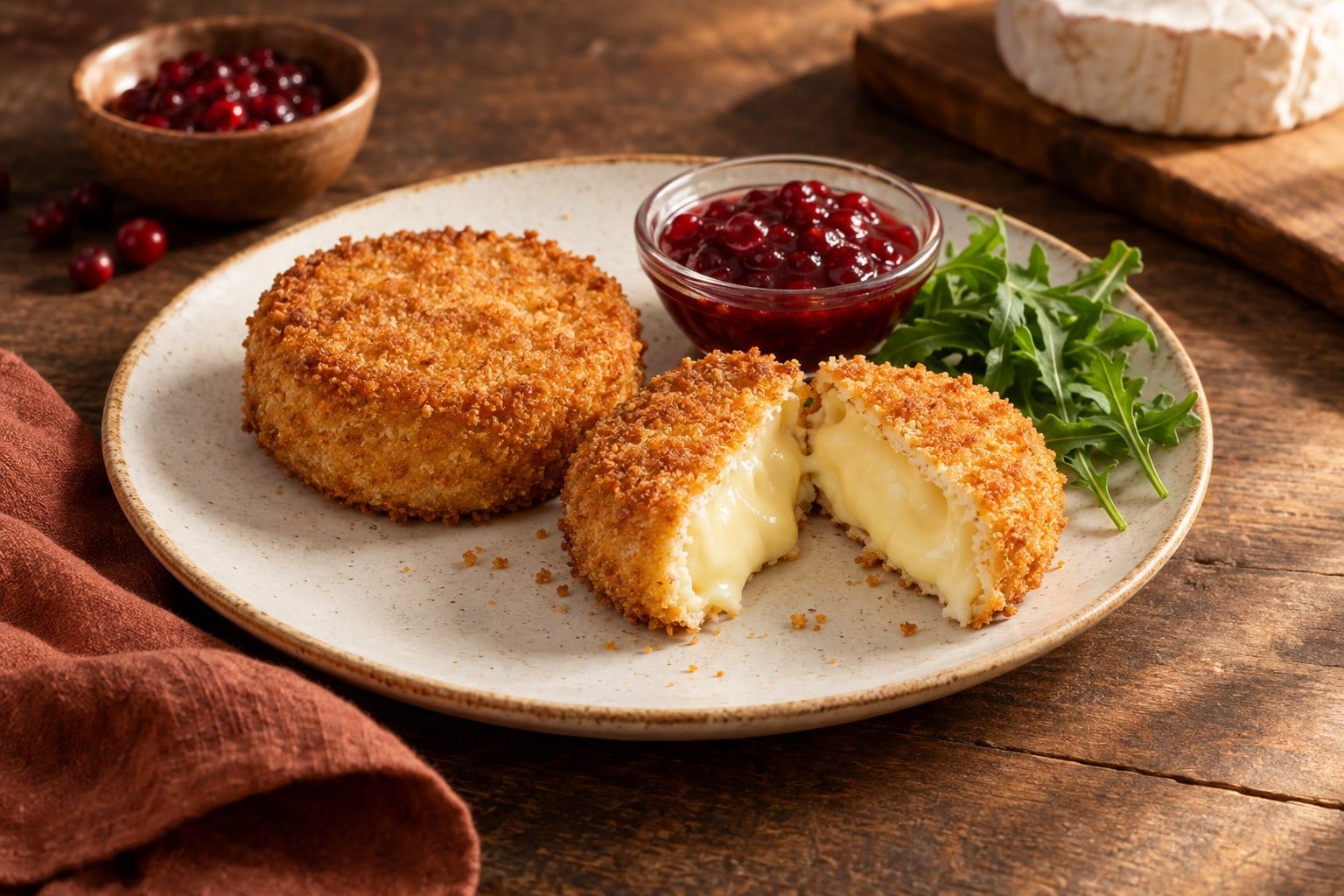 Back-Camembert im Airfryer, zwei goldbraun panierte Taler, einer aufgeschnitten mit cremigem Käse, auf einem weißen Teller mit Preiselbeeren und Rucola