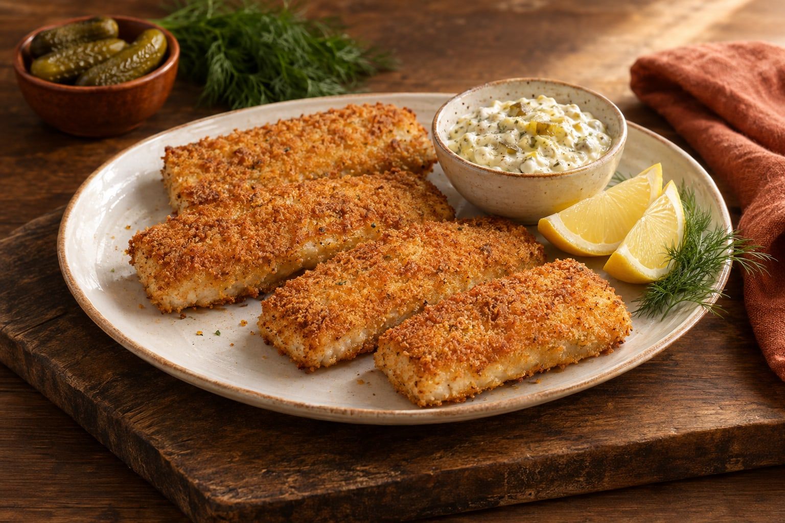 Backfisch im Airfryer, vier goldbraune panierte Fischfilets auf einem weißen Teller mit Zitronenspalten und Remoulade