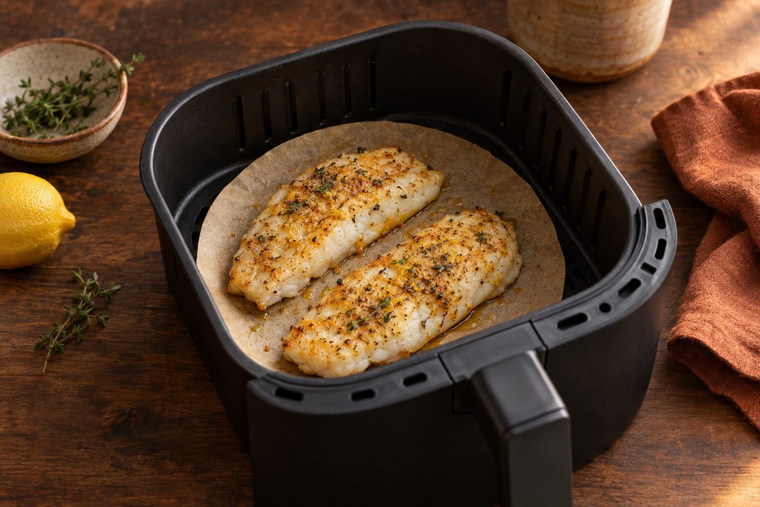 Backpapier im Airfryer, ein rund zugeschnittenes Stück Papier mit zwei Fischfilets im Korb eines Airfryers