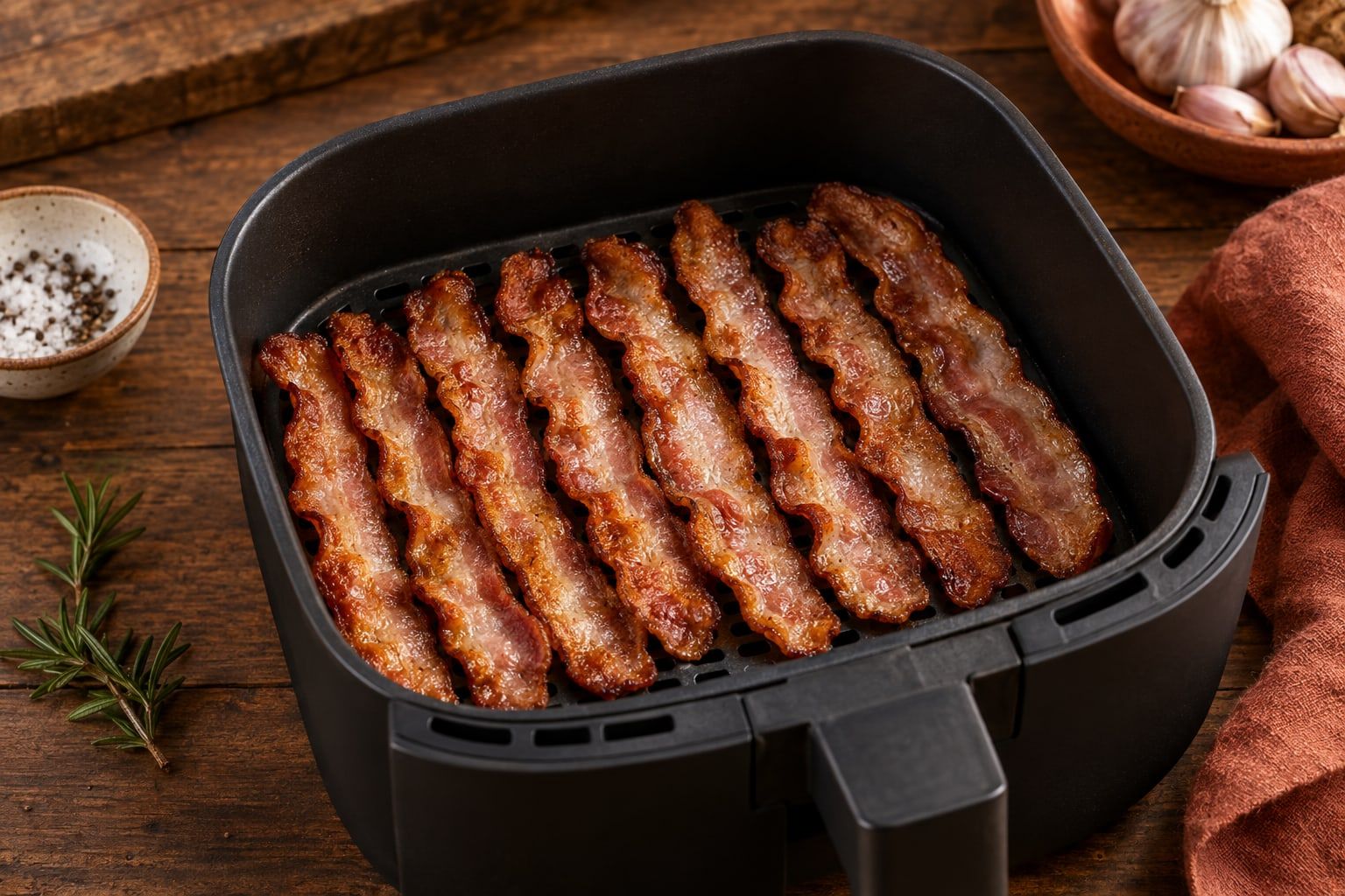 Bacon im Airfryer, acht knusprige, leicht gewellte Scheiben nebeneinander in einem schwarzen Airfryer-Korb