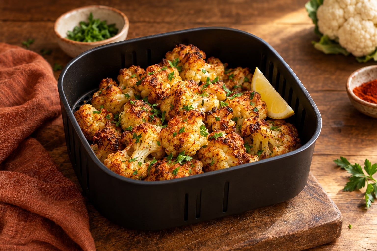 Blumenkohl im Airfryer, geröstete Röschen mit braunen Rändern und Petersilie in einem schwarzen Airfryer-Korb mit Zitronenspalte