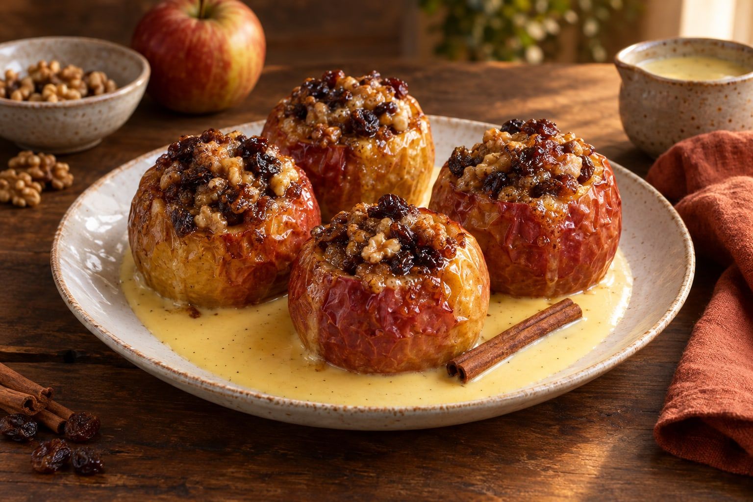 Bratapfel im Airfryer, vier gefüllte Boskoop-Äpfel mit Marzipan-Nuss-Füllung auf einem weißen Teller mit Vanillesoße und Zimtstange