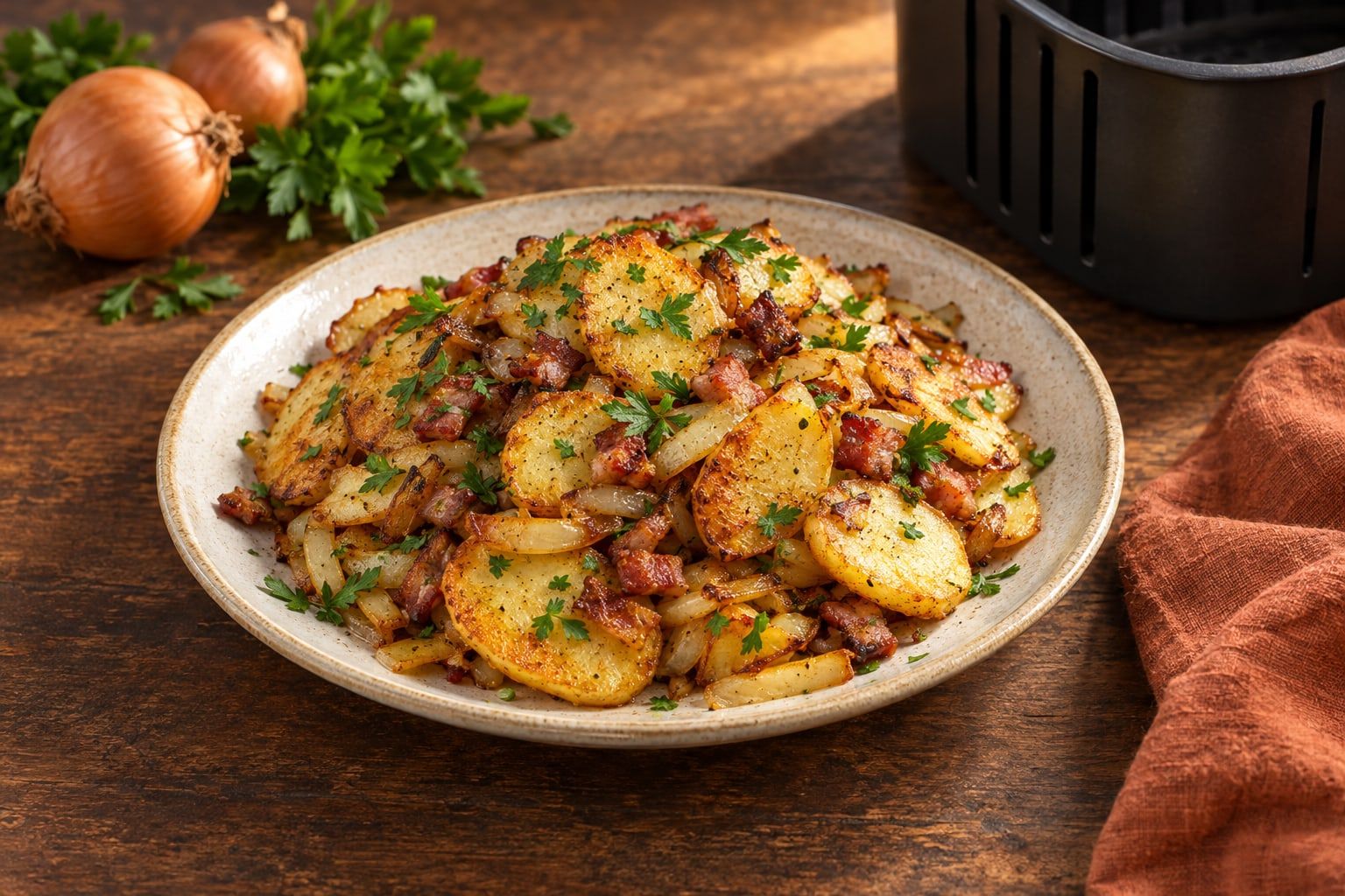 Bratkartoffeln aus gekochten Kartoffeln im Airfryer, goldbraune Kartoffelscheiben mit Speckwürfeln, Zwiebeln und Petersilie auf einem cremefarbenen Teller