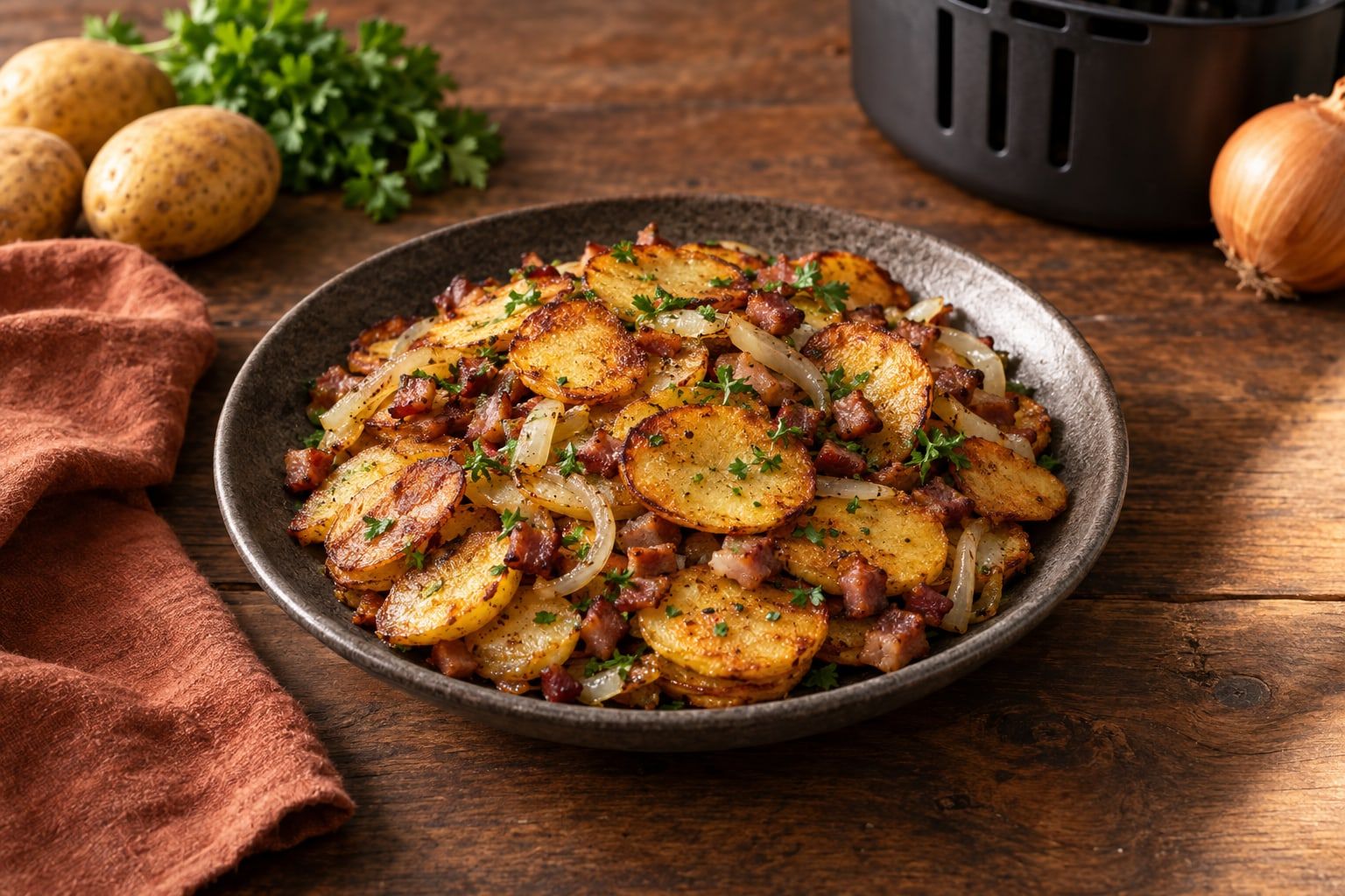 Bratkartoffeln im Airfryer, goldbraune Kartoffelscheiben mit Speckwürfeln, Zwiebelringen und Petersilie in einer flachen grauen Steingutschale
