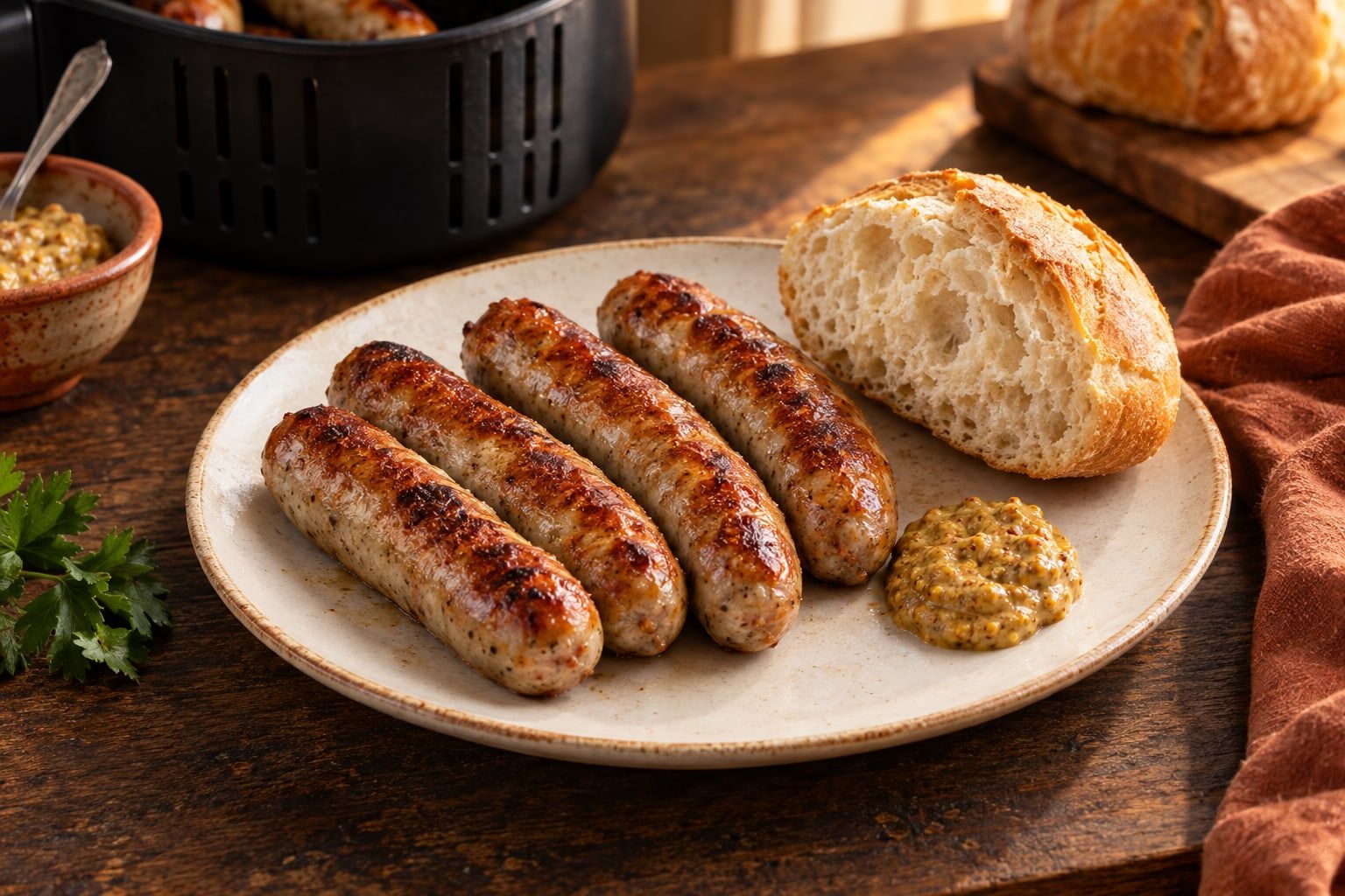 Bratwurst im Airfryer, vier gleichmäßig gebräunte grobe Bratwürste auf einem weißen Teller mit Senf und Brötchen