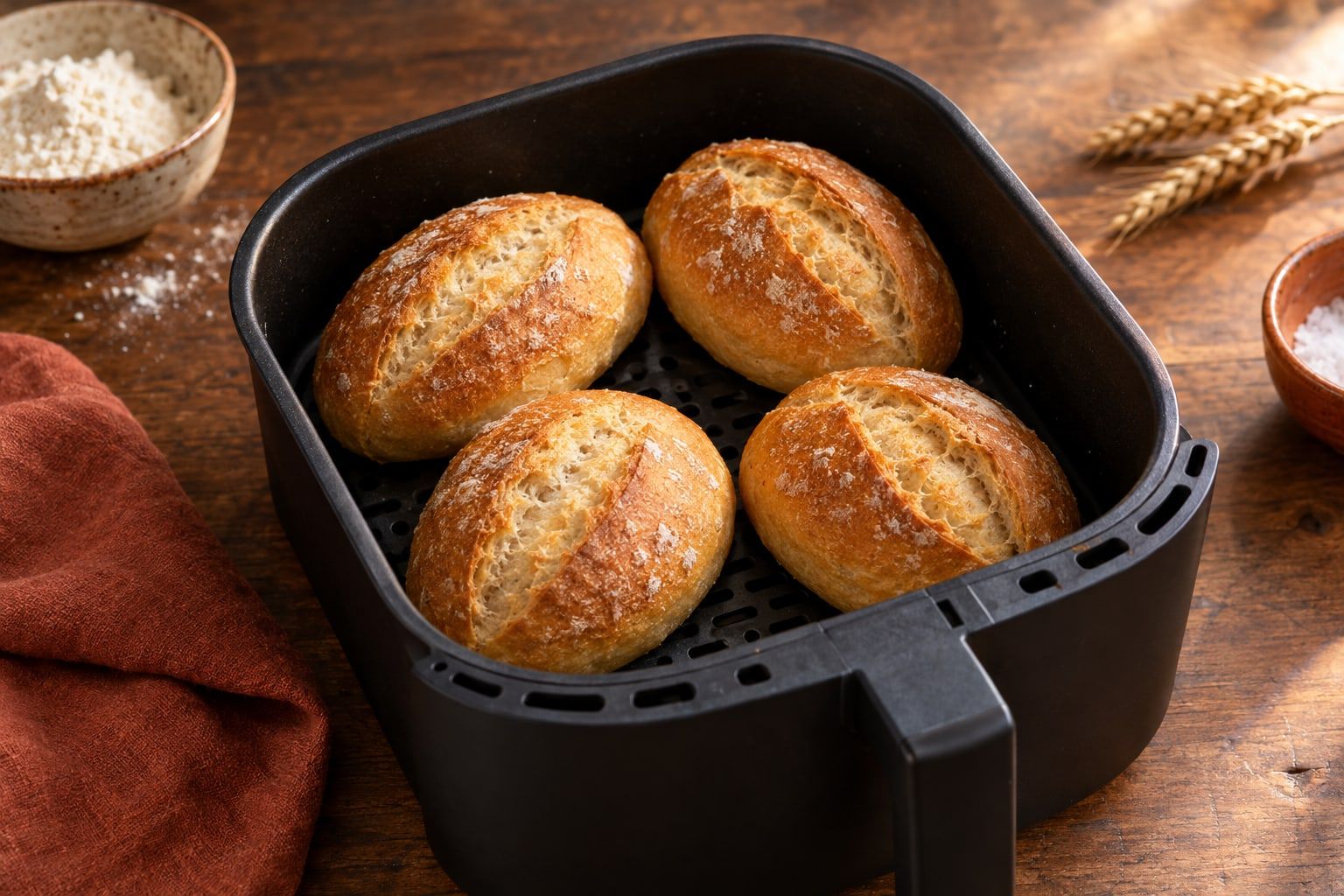 Brötchen aufbacken im Airfryer, vier goldbraune Weizenbrötchen mit knuspriger Kruste in einem schwarzen Airfryer-Korb