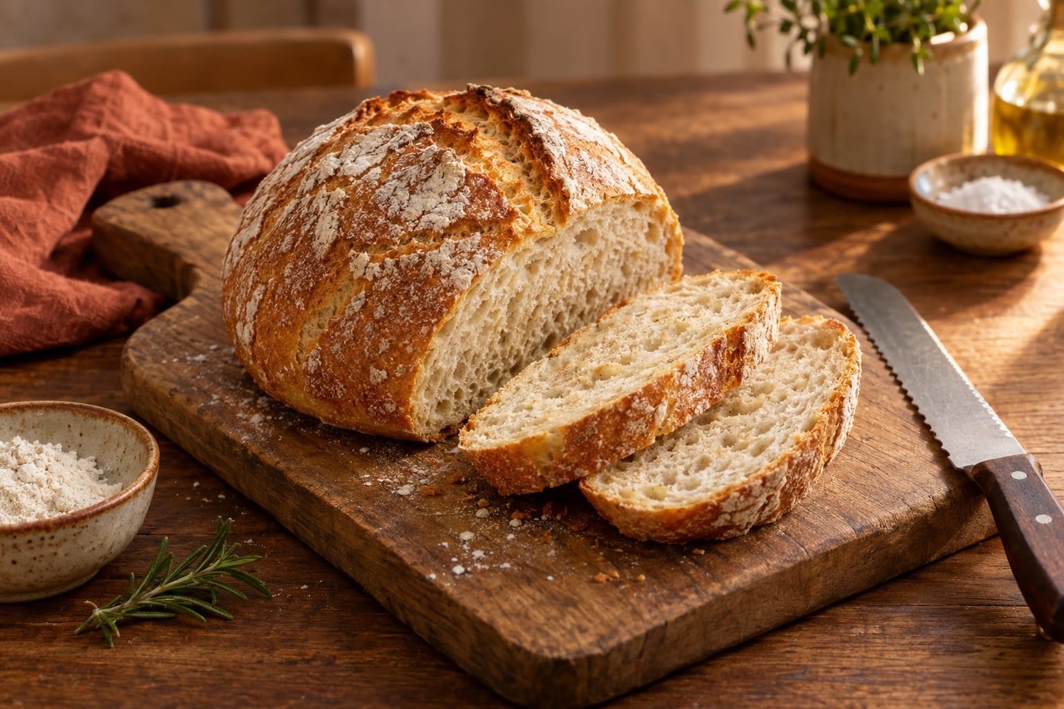 Brot backen im Airfryer, kleines rundes Hefebrot mit goldbrauner Kruste und aufgeschnittenen Scheiben auf einem Holzbrett