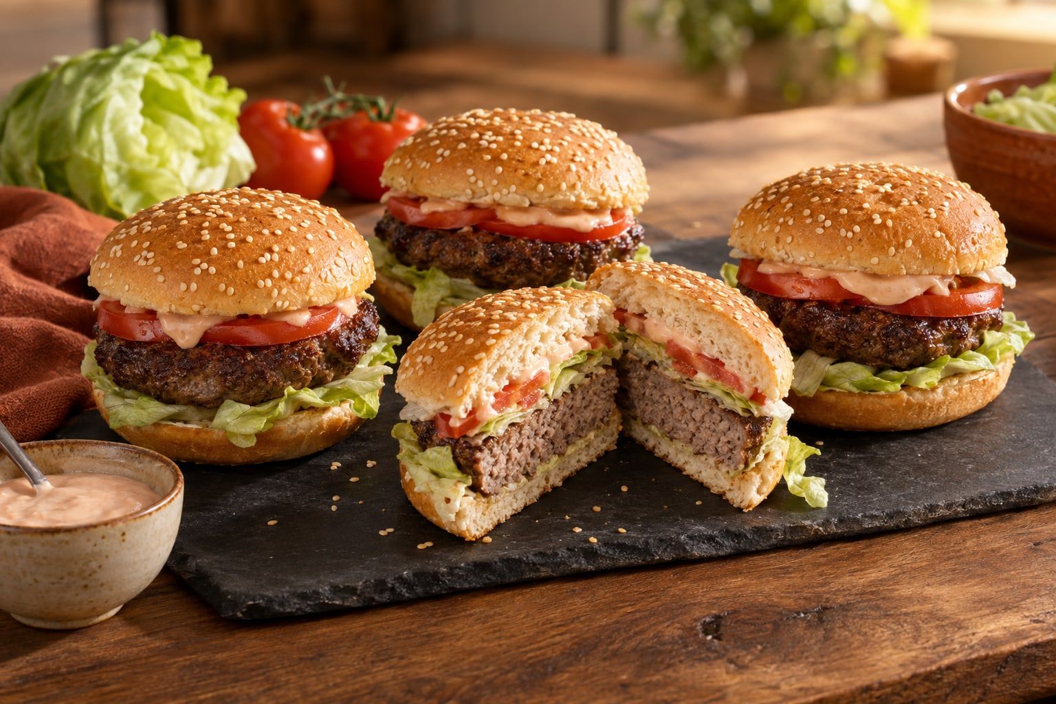 Burger Patties im Airfryer, vier fertige Hamburger mit dunkel gebratenem Rindfleisch-Patty, Salat und Tomate in Sesambrötchen auf einem Schieferbrett