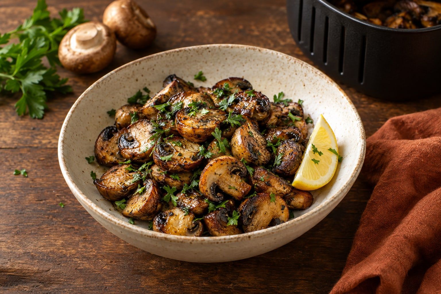 Champignons im Airfryer, halbiert und goldbraun in einer rustikalen weißen Schüssel mit gehackter Petersilie und Zitronenspalte