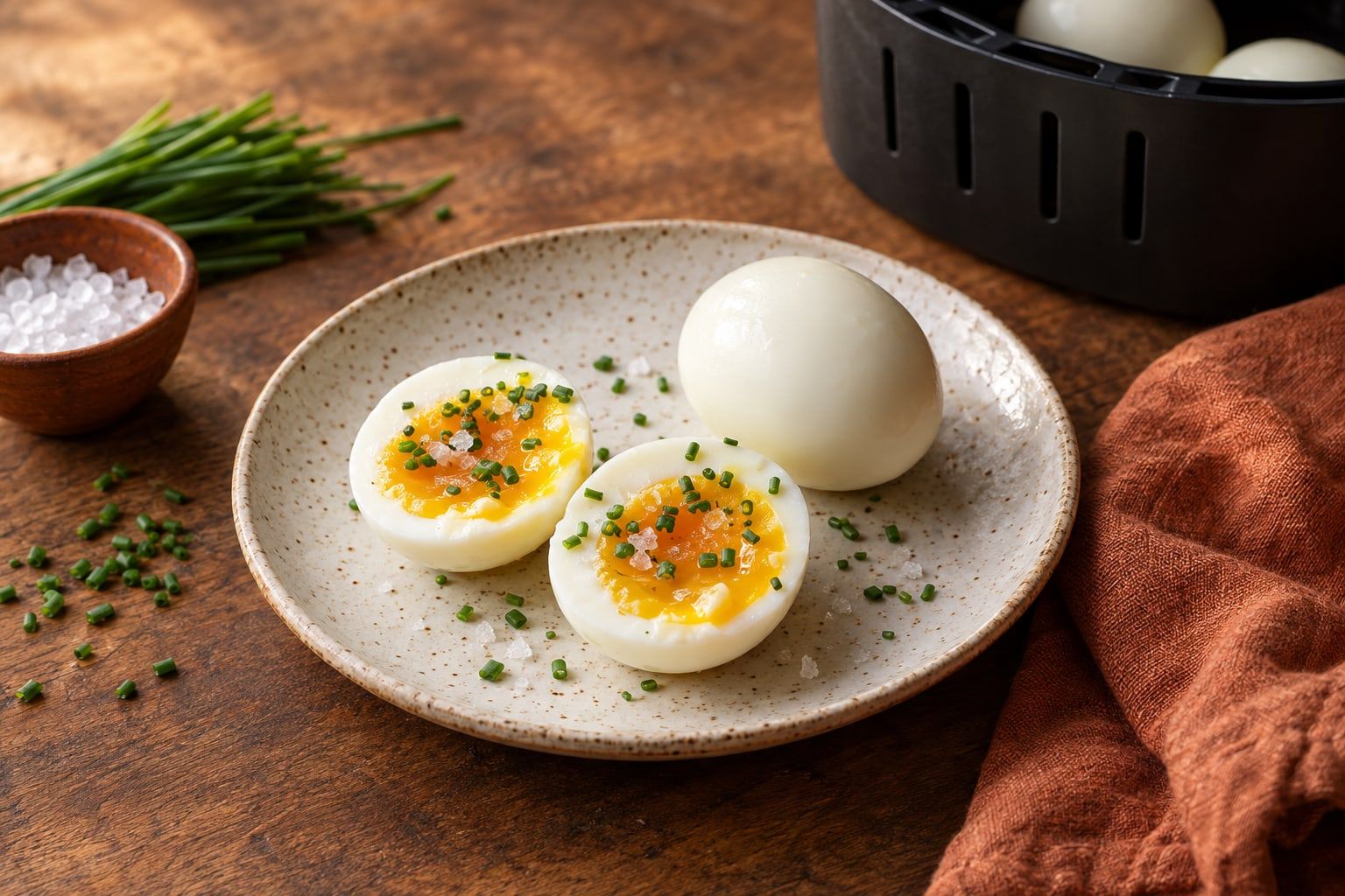 Eier kochen im Airfryer, zwei halbierte wachsweiche Eier mit glänzendem Dotter und Schnittlauch auf einem weißen Teller