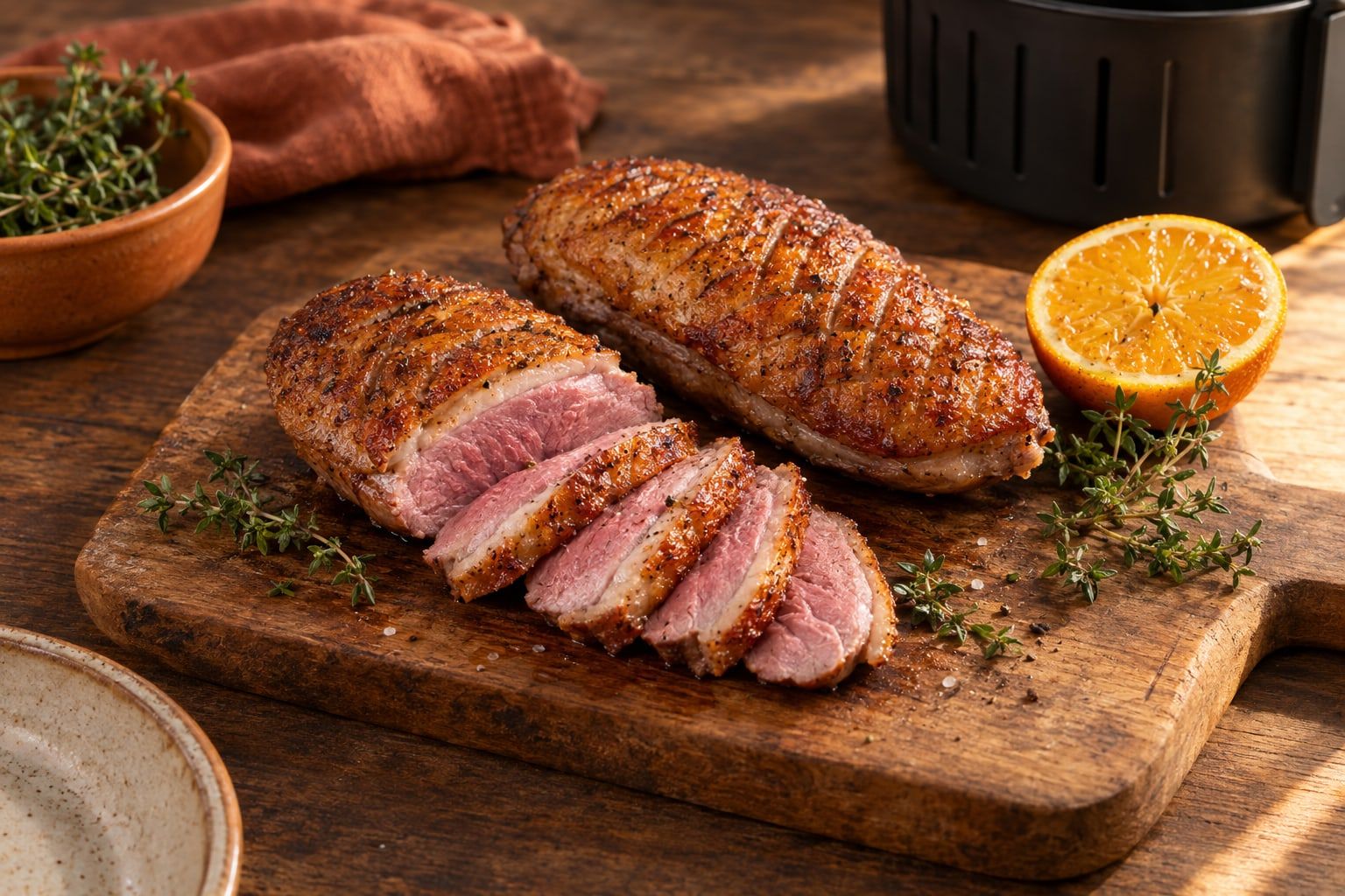 Entenbrust im Airfryer, aufgeschnitten mit rosa Fleisch und knuspriger, eingeritzter Haut auf einem Holzbrett mit Thymian und Orange