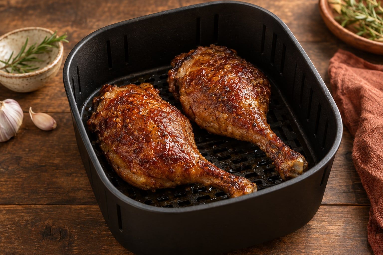 Entenkeule im Airfryer, zwei Keulen mit dunkel gebräunter, blasig knuspriger Haut nebeneinander im schwarzen Airfryer-Korb