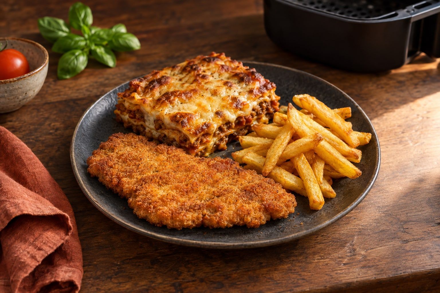 Essen aufwärmen im Airfryer, aufgewärmtes Schnitzel, ein Stück Lasagne und knusprige Pommes auf einem dunklen Teller