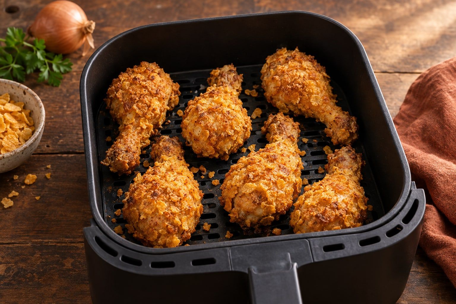 Fried Chicken im Airfryer, sechs Hähnchenunterschenkel mit goldbrauner, grobkrosser Cornflakes-Panade im schwarzen Airfryer-Korb
