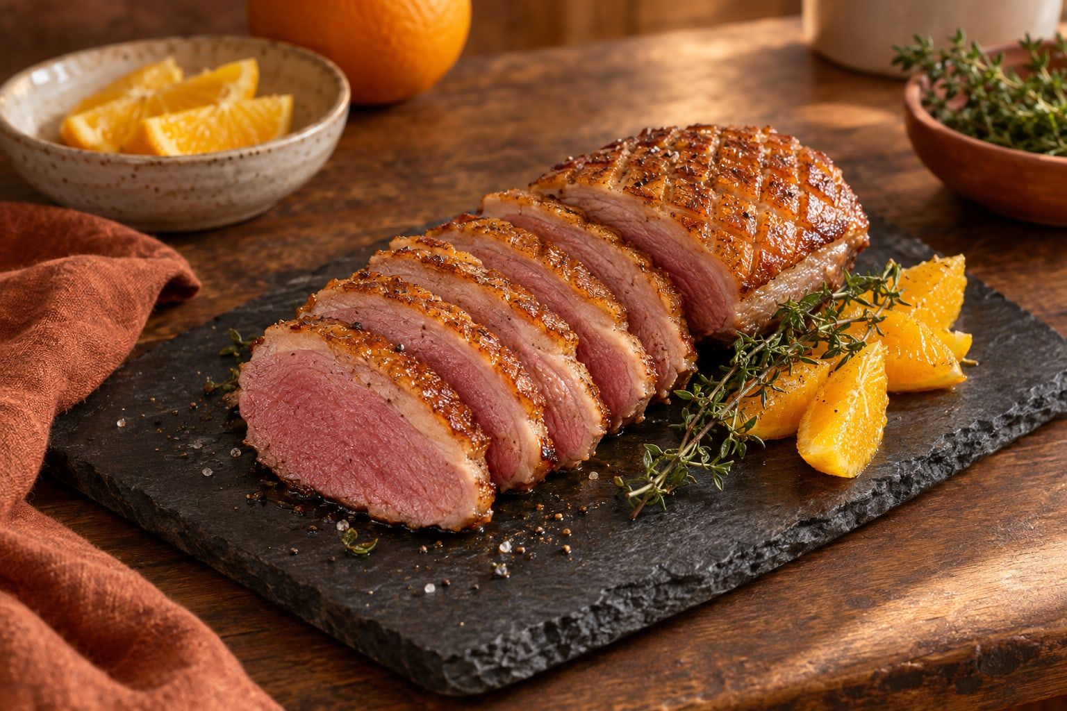 Gänsebrust im Airfryer, aufgeschnitten und rosa gegart, mit goldbrauner Haut im Rautenmuster auf einem dunklen Schieferbrett mit Orangenfilets
