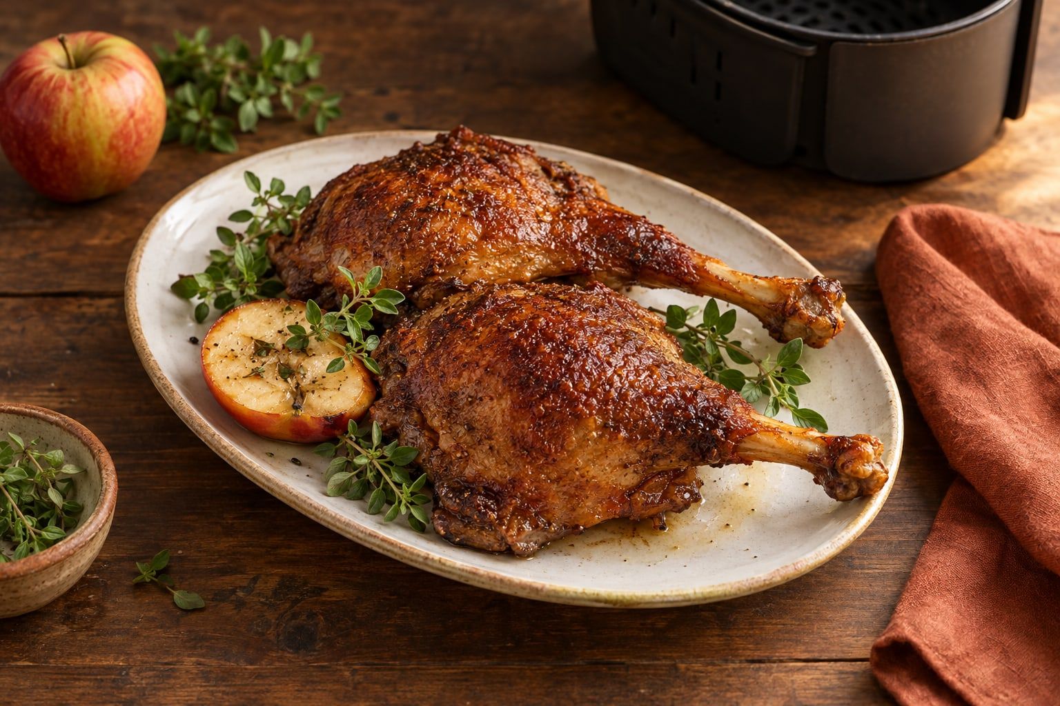 Gänsekeule im Airfryer, zwei dunkelbraune Keulen mit knuspriger Haut auf einer weißen Platte mit Majoran und Apfel