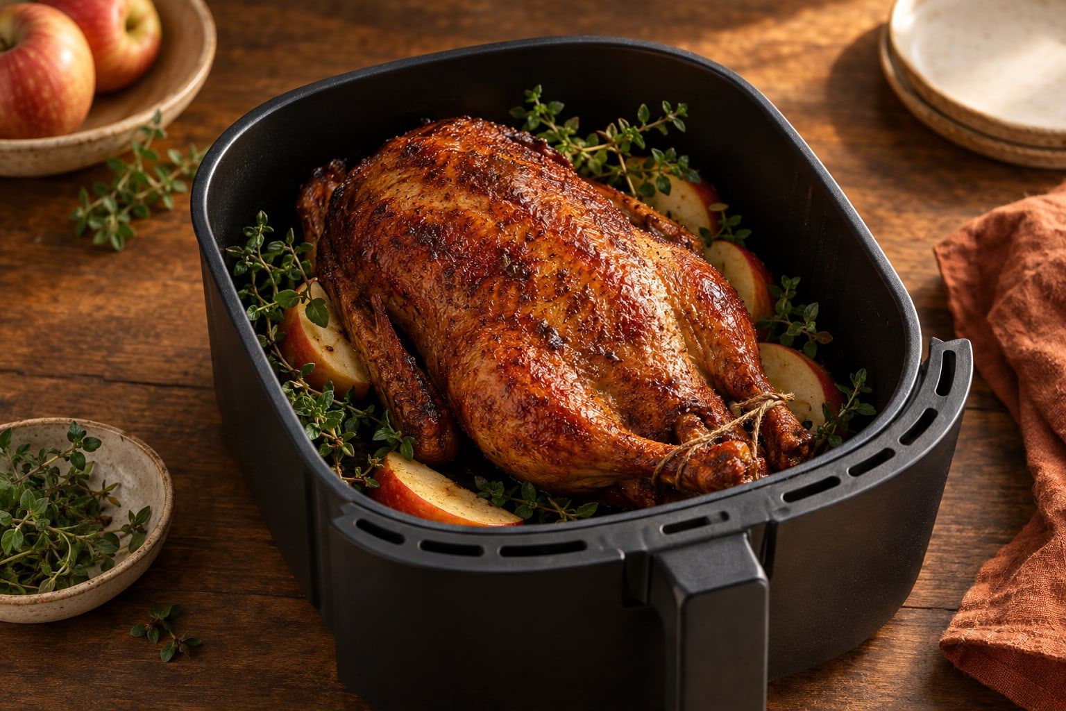 Ganze Ente im Airfryer, knusprig dunkelbraun gebraten, mit zusammengebundenen Keulen im schwarzen Korb mit Apfelspalten und Majoran