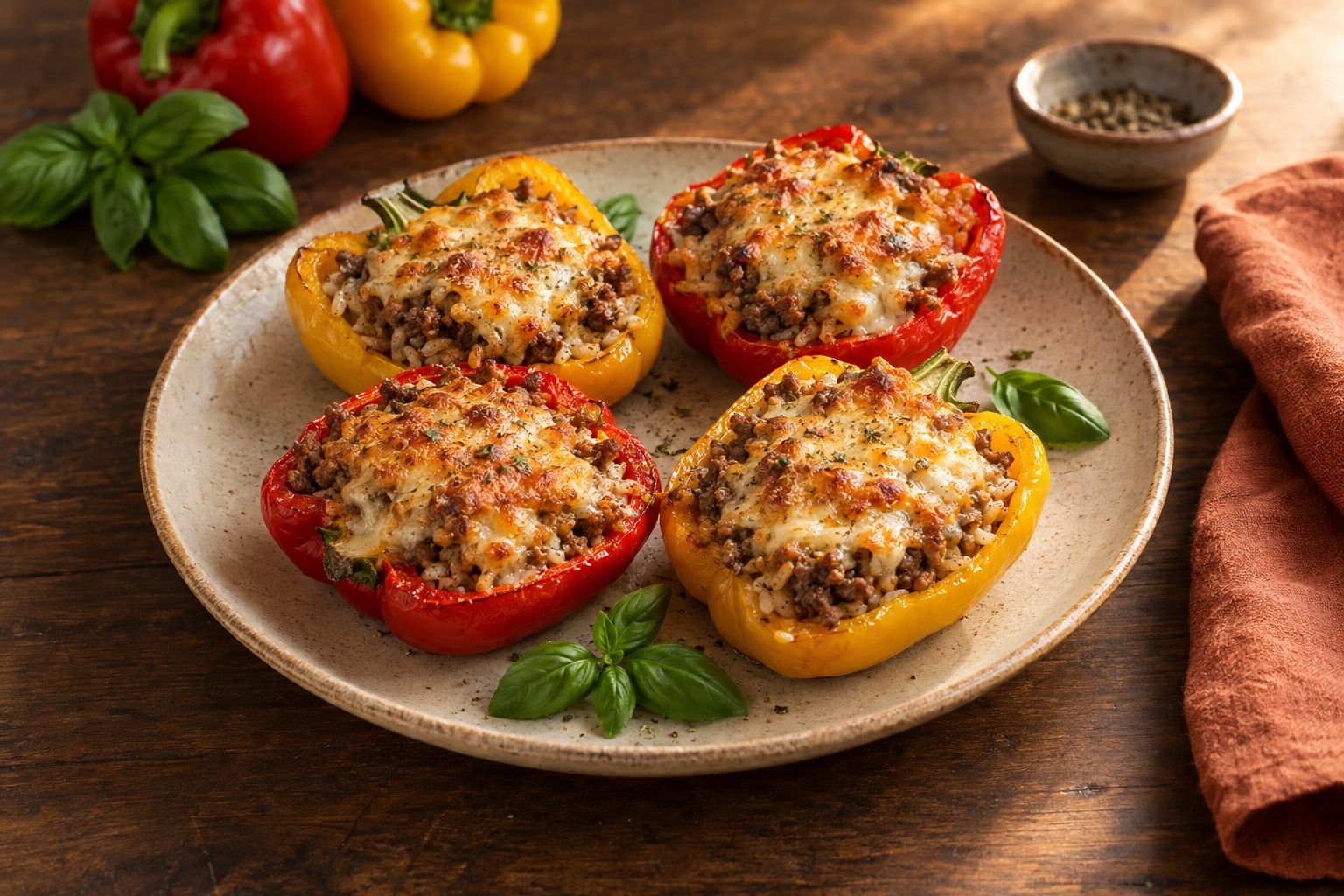 Gefüllte Paprika im Airfryer, vier halbierte rote und gelbe Paprika mit Hackfleisch-Reis-Füllung und goldbraunem Käse auf einem cremefarbenen Teller mit Basilikum