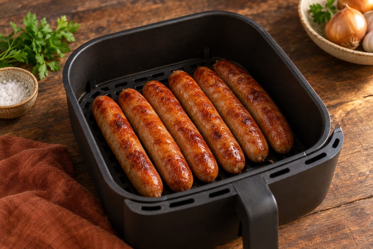 Grillwurst im Airfryer, sechs prall gebräunte Würste in einer Lage in einem schwarzen Airfryer-Korb