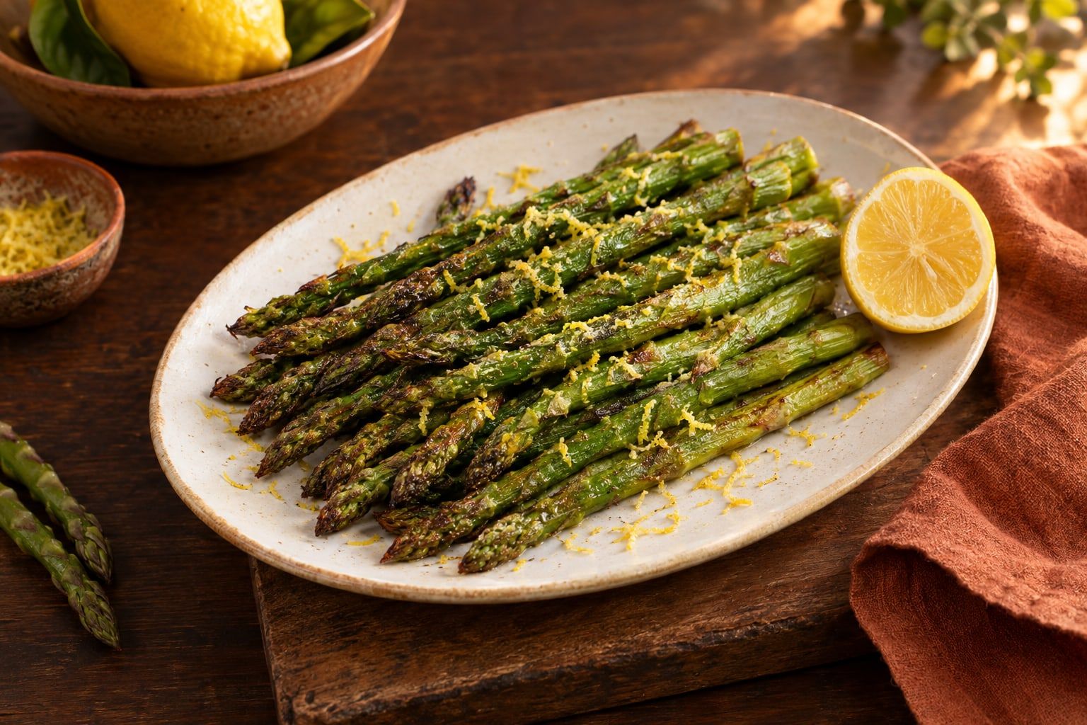 Grüner Spargel im Airfryer, gebräunte Stangen mit Zitronenschale und einer halben Zitrone auf einem weißen Teller