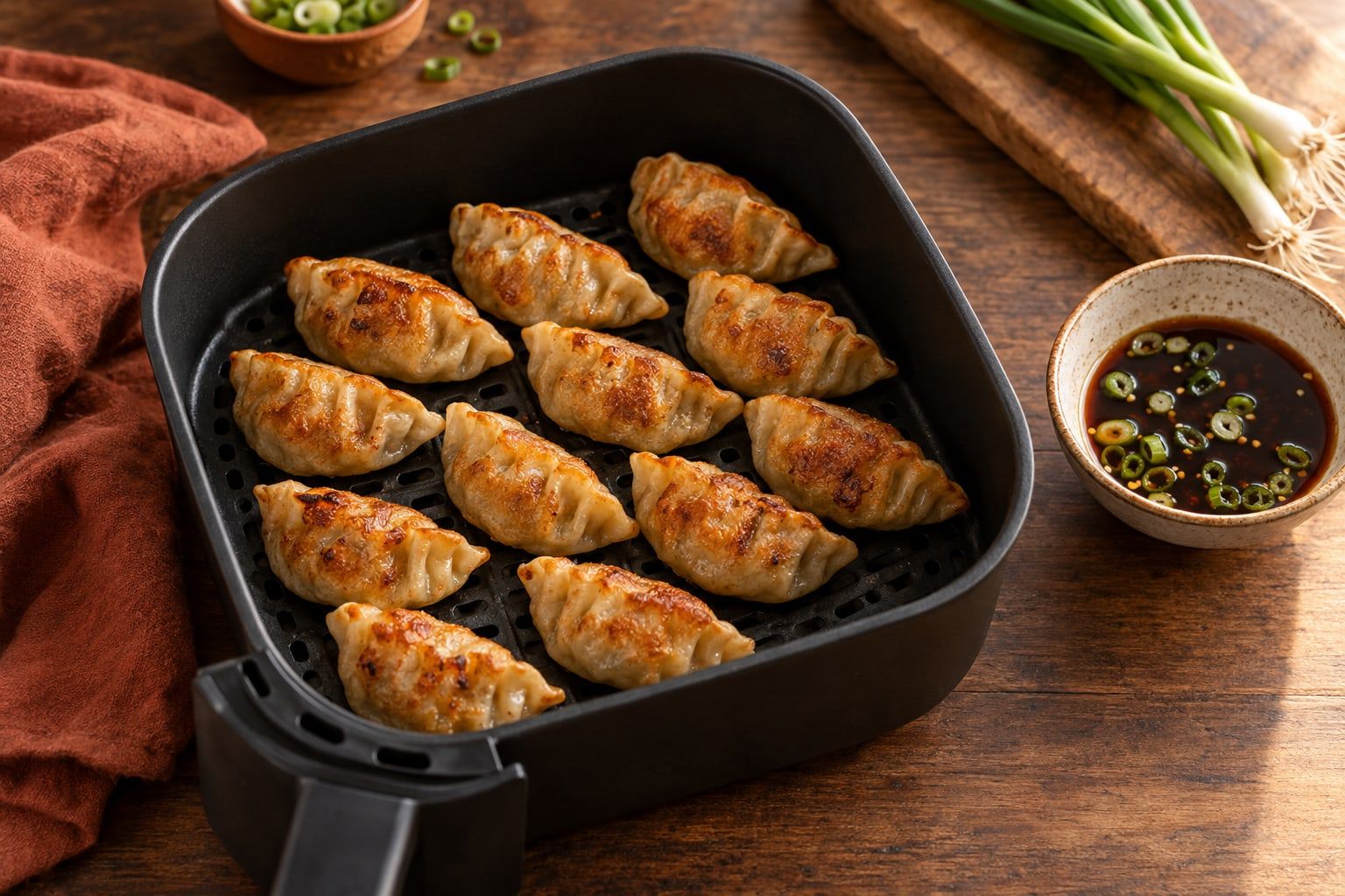Gyoza im Airfryer, zwölf goldbraune Teigtaschen mit Falten im schwarzen Airfryer-Korb neben einer Schale Sojasoße mit Frühlingszwiebel