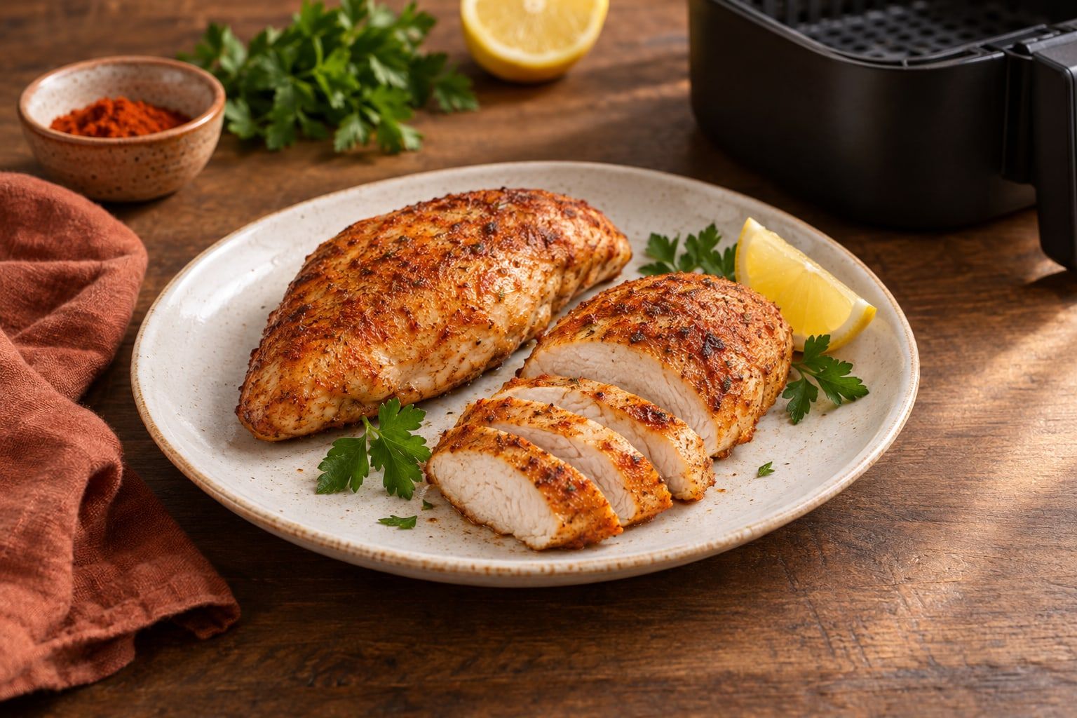 Hähnchenbrust im Airfryer, zwei gebräunte Filets mit Paprikakruste, eines aufgeschnitten, auf einem weißen Teller mit Zitronenspalte und Petersilie