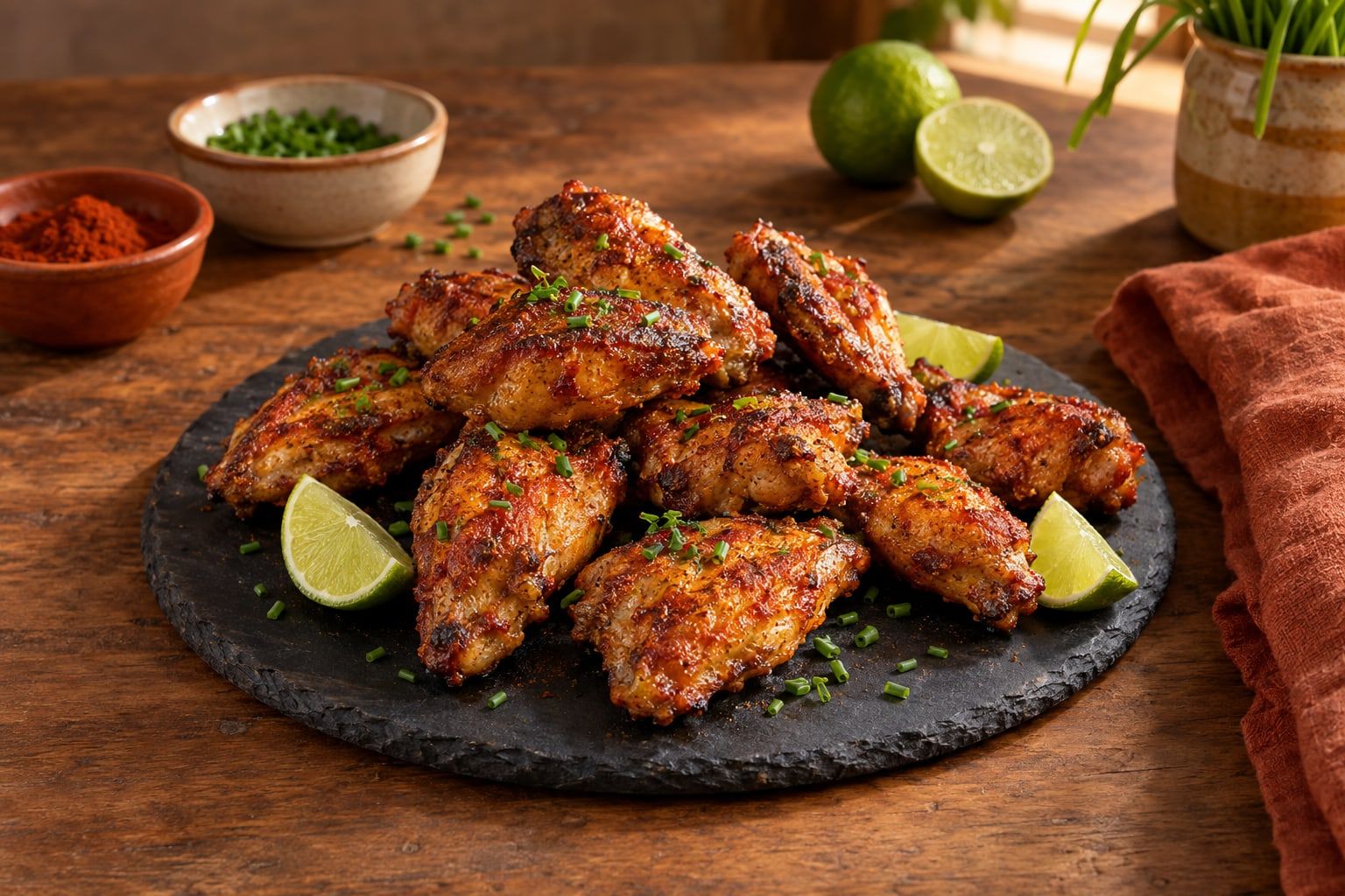 Hähnchenflügel im Airfryer, zehn goldbraune Flügel mit knuspriger Haut und Paprika auf einer dunklen Schieferplatte mit Limette und Schnittlauch