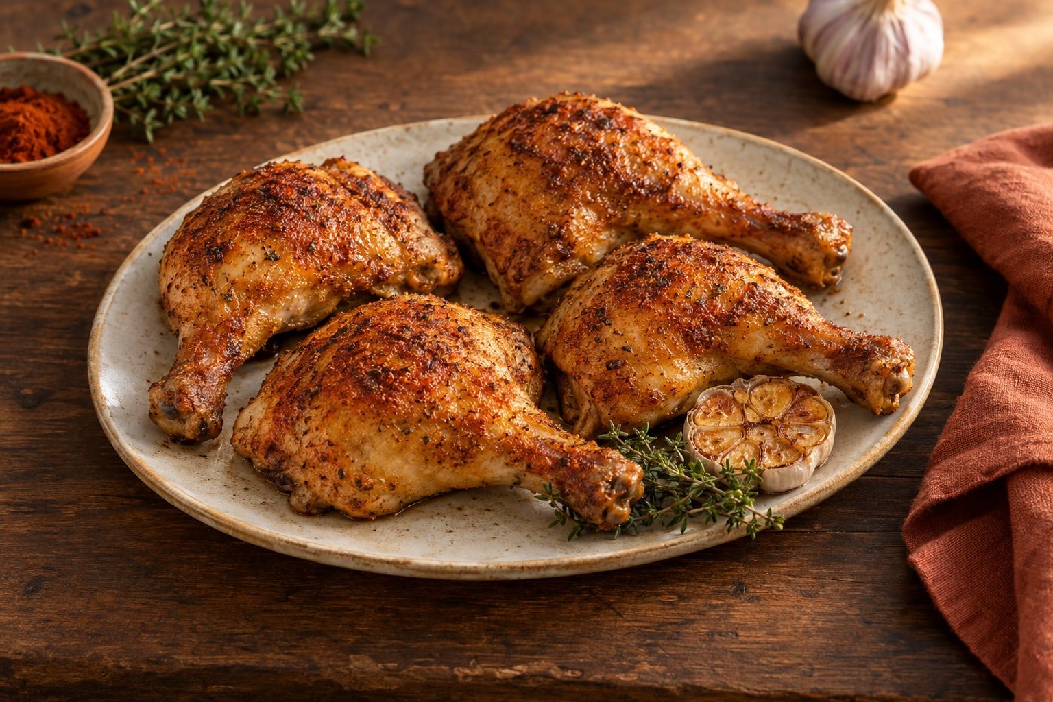 Hähnchenschenkel im Airfryer, vier goldbraune Keulen mit Paprikakruste auf einer cremefarbenen Platte mit Thymian und Knoblauch
