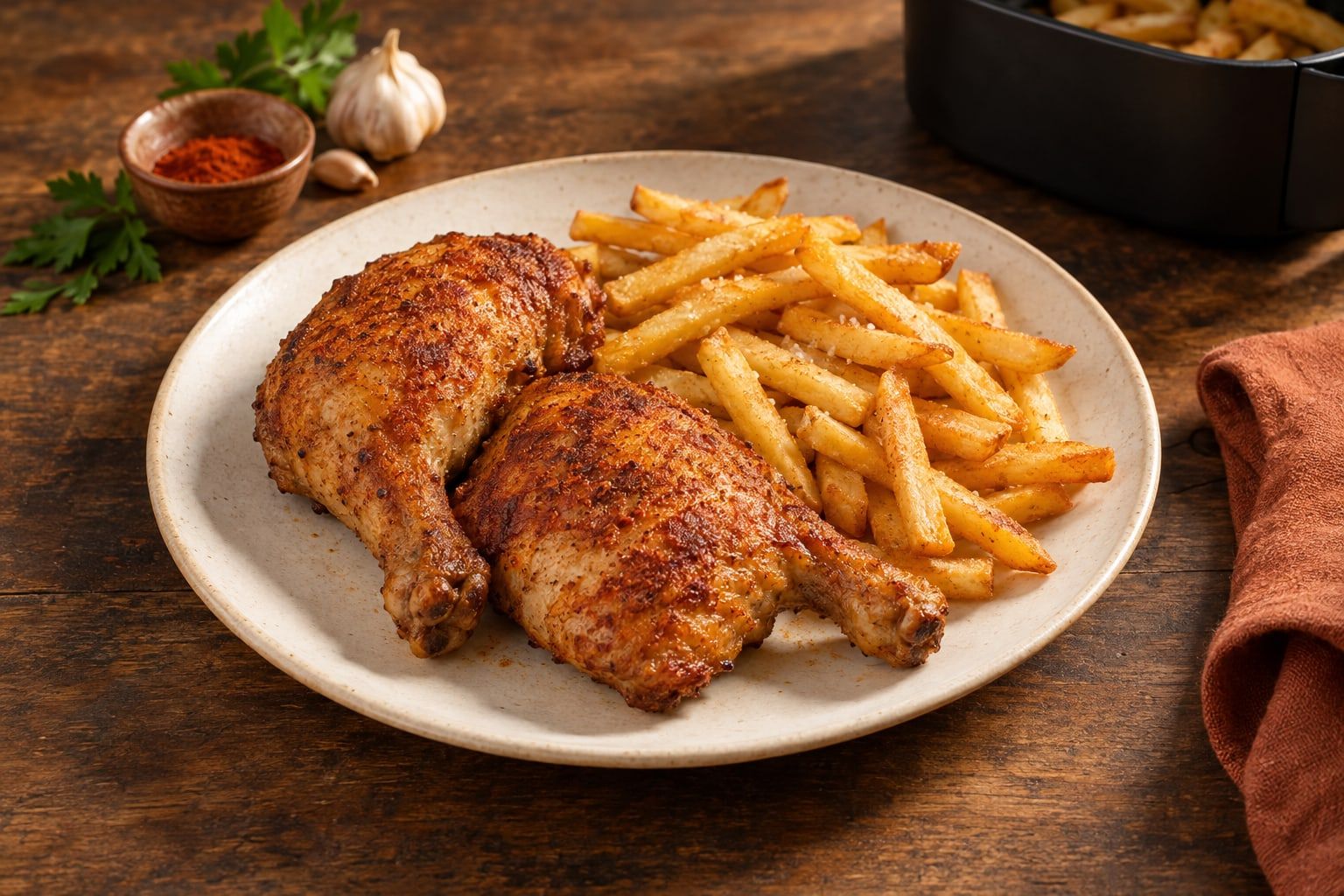 Hähnchenschenkel mit Pommes in zwei Körben, zwei goldbraune Schenkel mit Paprikakruste neben goldgelben Pommes auf einem großen weißen Teller
