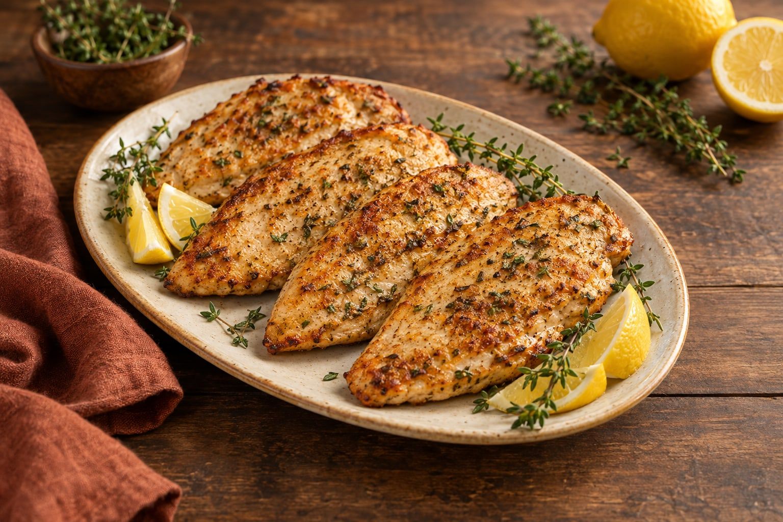Hähnchensteak im Airfryer, vier goldbraune Steaks mit Kräutern auf einer cremefarbenen Platte mit Zitronenspalten und Thymian