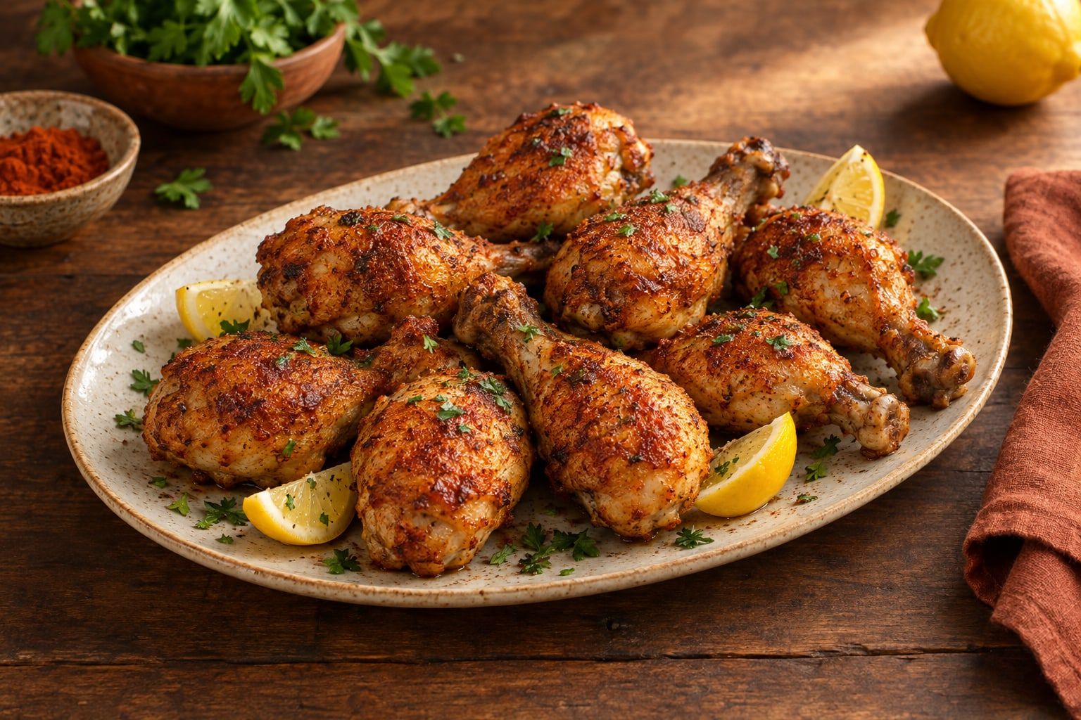Hähnchenunterschenkel im Airfryer, acht goldbraune Drumsticks mit Paprikakruste auf einer cremefarbenen Platte mit Zitronenspalten und Petersilie