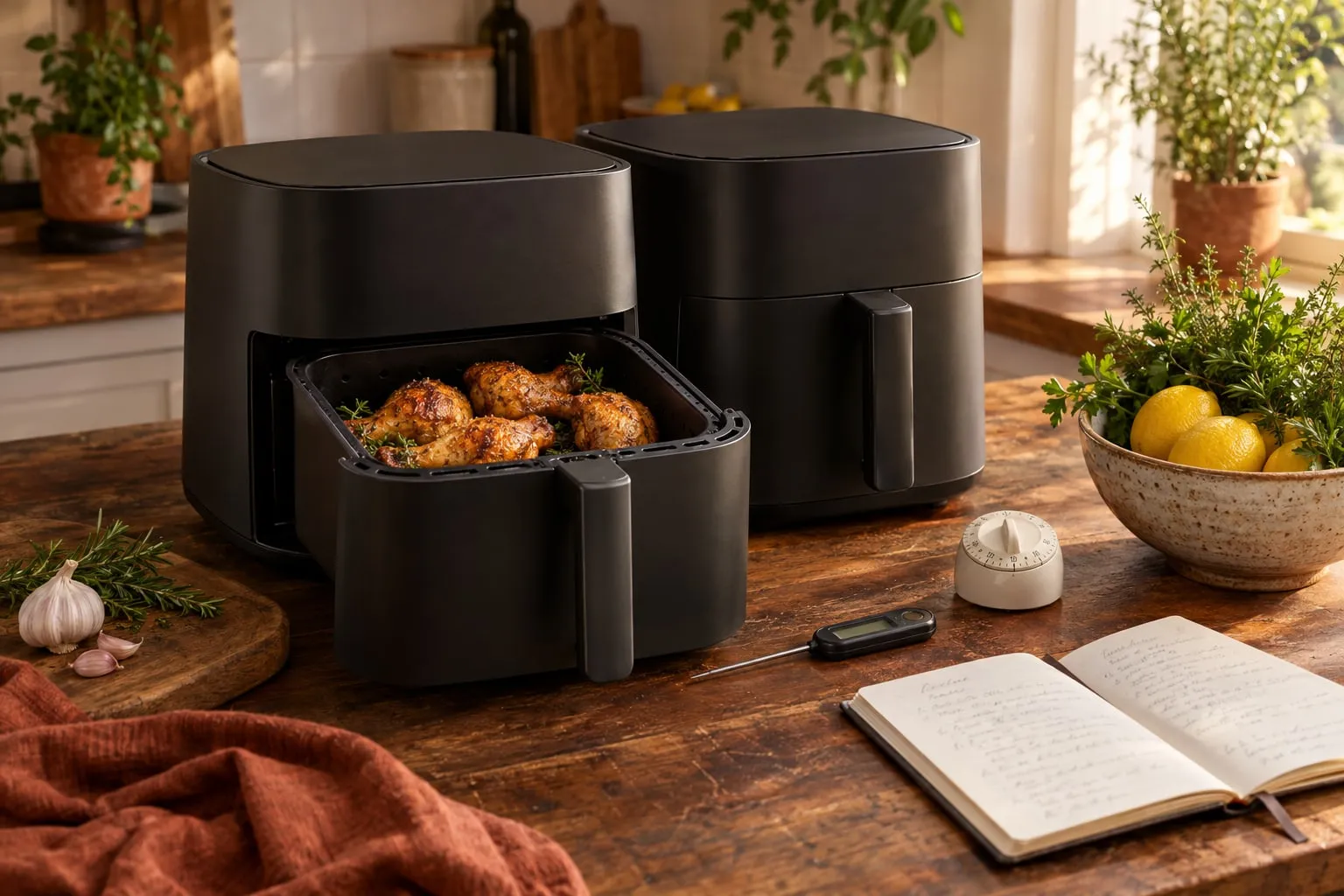 Zwei Airfryer auf der Arbeitsplatte mit Bratenthermometer, Notizbuch und frischen Zutaten