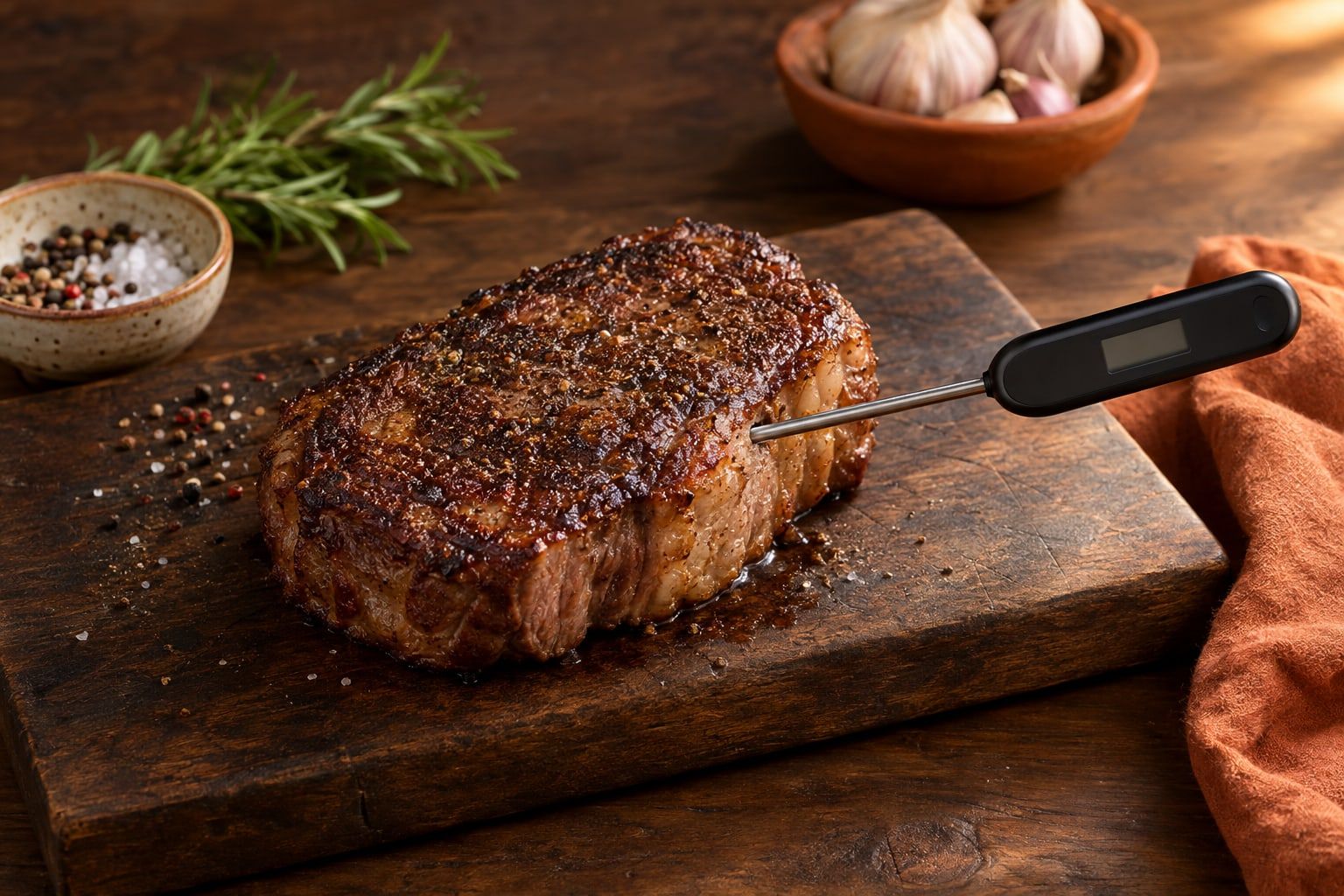 Kerntemperatur Tabelle, ein Fleischthermometer steckt seitlich in einem dick geschnittenen rosa gebratenen Steak auf einem Holzbrett