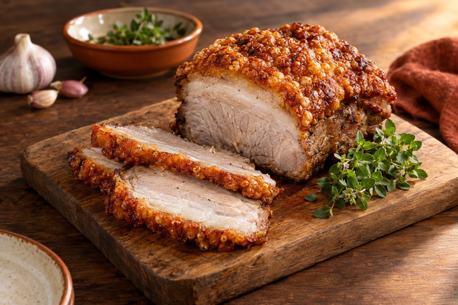 Krustenbraten im Airfryer, aufgeschnittener Schweinebraten mit goldbrauner, blasiger Kruste auf einem Holzbrett mit Majoran