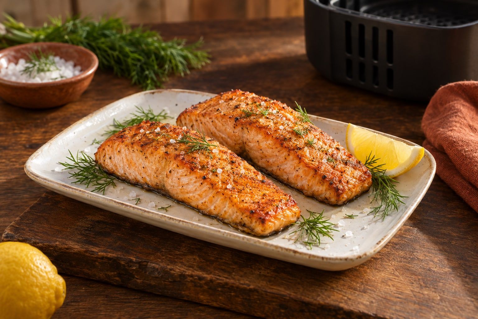 Lachs im Airfryer, zwei leicht gebräunte Lachsfilets auf einem weißen Teller mit Zitronenspalte und Dill