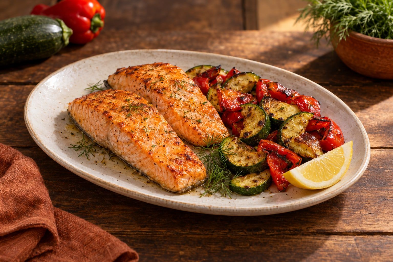 Lachs mit Gemüse im Airfryer, zwei gebräunte Lachsfilets neben Zucchini und roten Paprikastücken auf einem weißen Teller mit Zitronenspalte und Dill