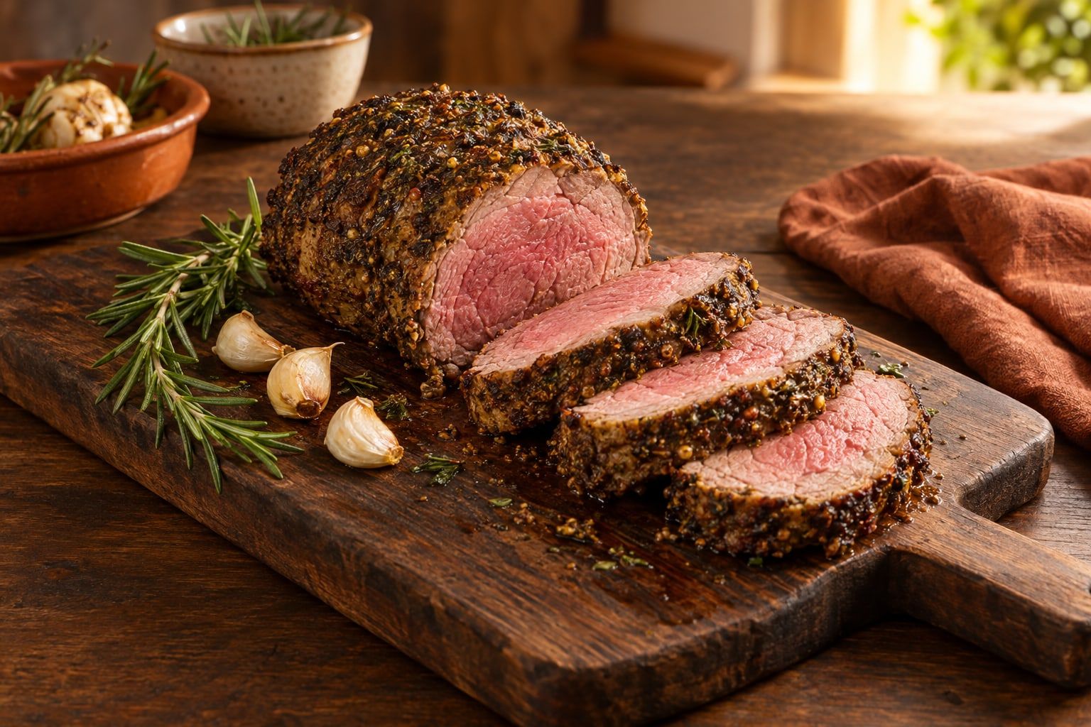 Lammkeule im Airfryer, ausgelöste Keule mit dunkler Senf-Kräuter-Kruste, in dicke Scheiben mit rosa Mitte geschnitten, auf einem Holzbrett mit Rosmarin und Knoblauch