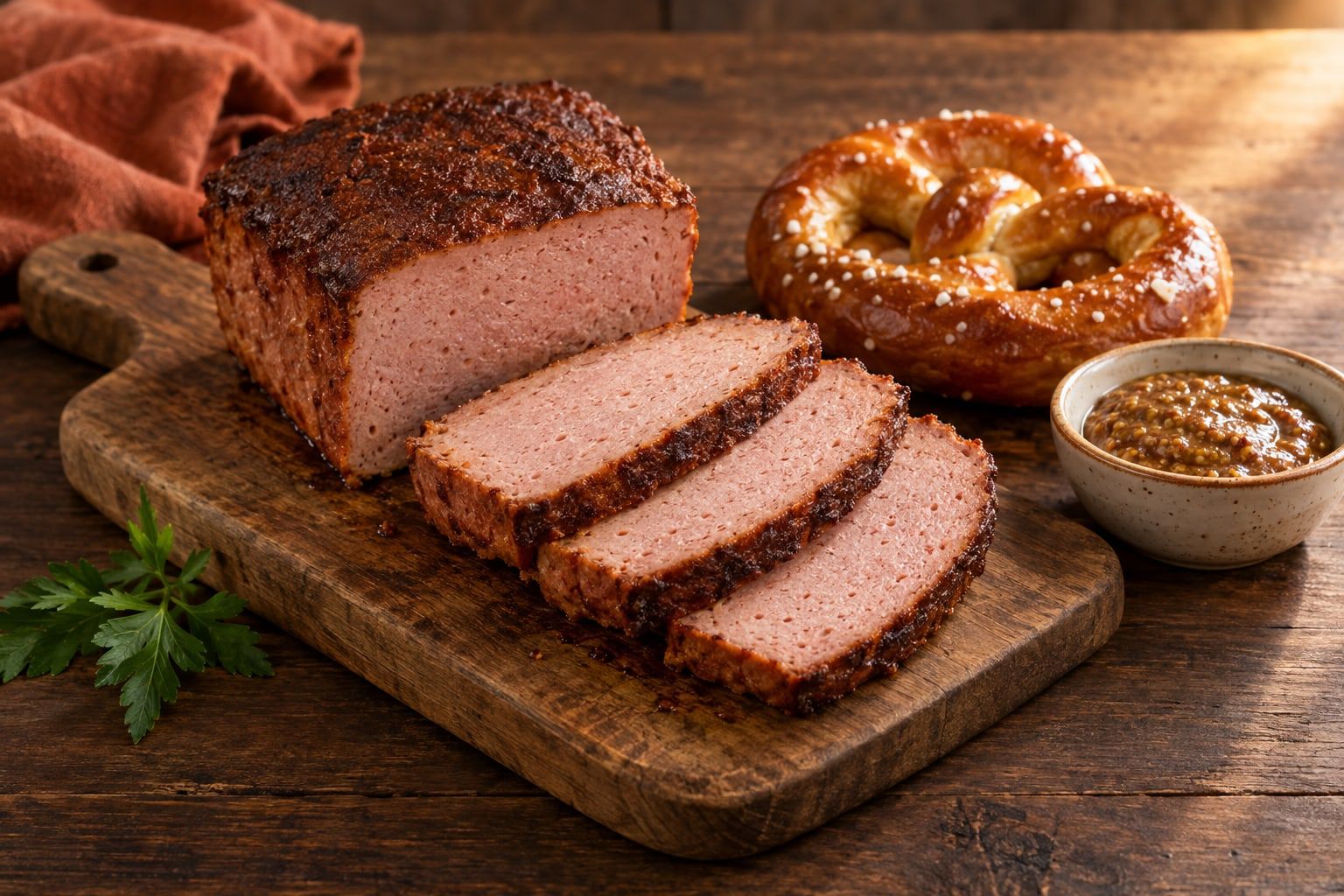 Leberkäse im Airfryer, vier dicke Scheiben mit brauner Kruste auf einem Holzbrett mit Brezel und süßem Senf