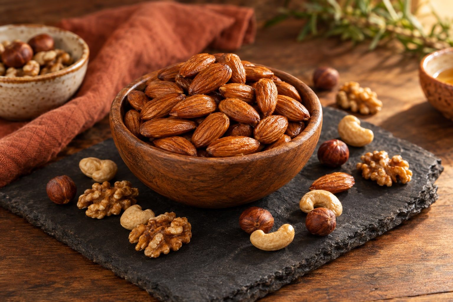 Nüsse rösten im Airfryer, geröstete Mandeln in einer Holzschale, daneben Haselnüsse, Cashews und Walnusshälften auf einer Schieferplatte