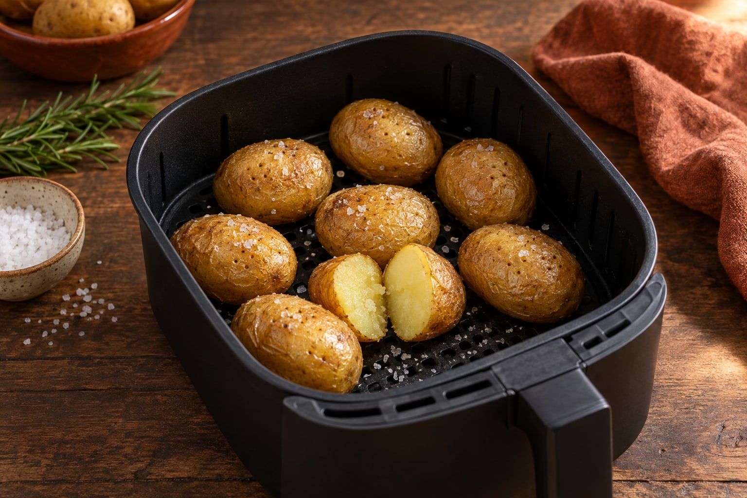Pellkartoffeln im Airfryer, acht Kartoffeln mit goldgelber Schale, eine aufgeschnitten, im schwarzen Airfryer-Korb mit grobem Salz