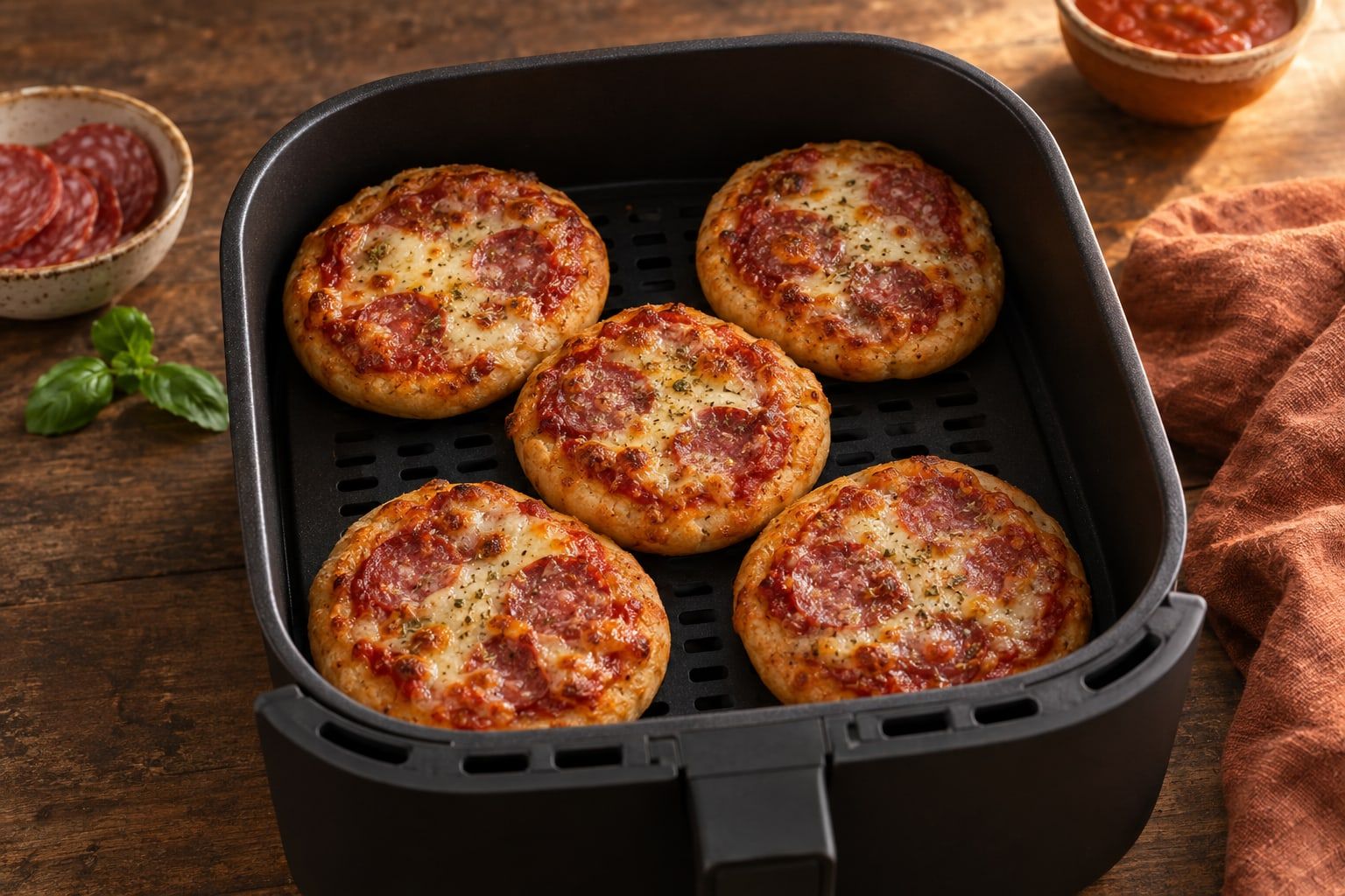 Piccolinis im Airfryer, fünf kleine runde Mini-Pizzen mit geschmolzenem Käse und goldbraunem Rand in einem schwarzen Airfryer-Korb