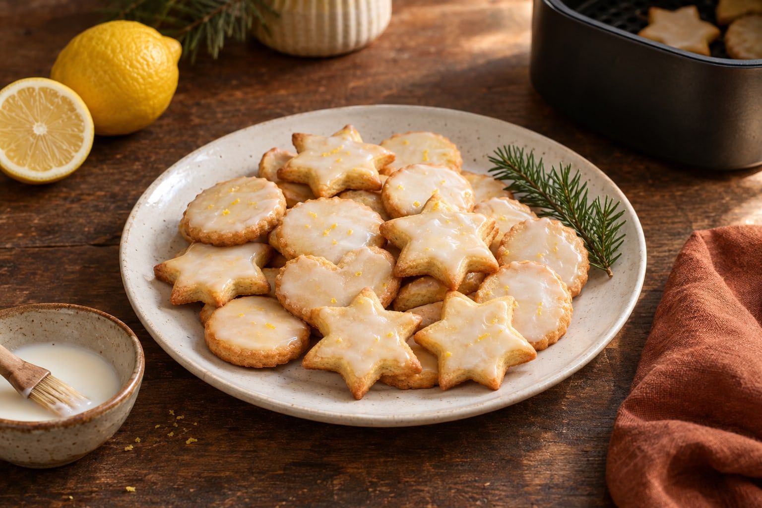 Plätzchen im Airfryer, hellgoldene Butterplätzchen als Sterne, Herzen und Kreise mit weißem Zitronenguss auf einem weißen Teller