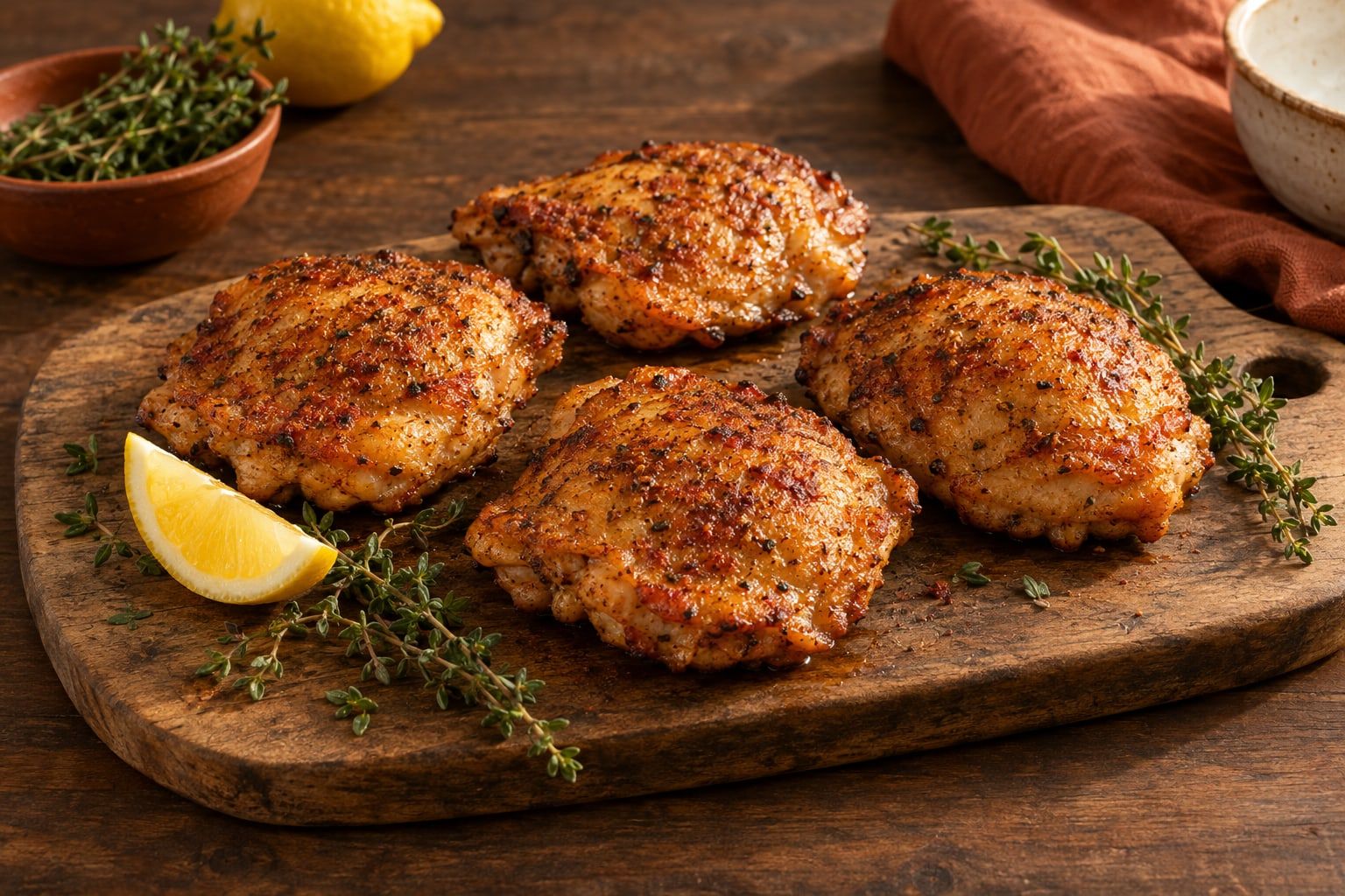 Pollo Fino im Airfryer, vier knochenlose Hähnchenoberschenkel mit goldbrauner Haut auf einem Holzbrett mit Zitrone und Thymian