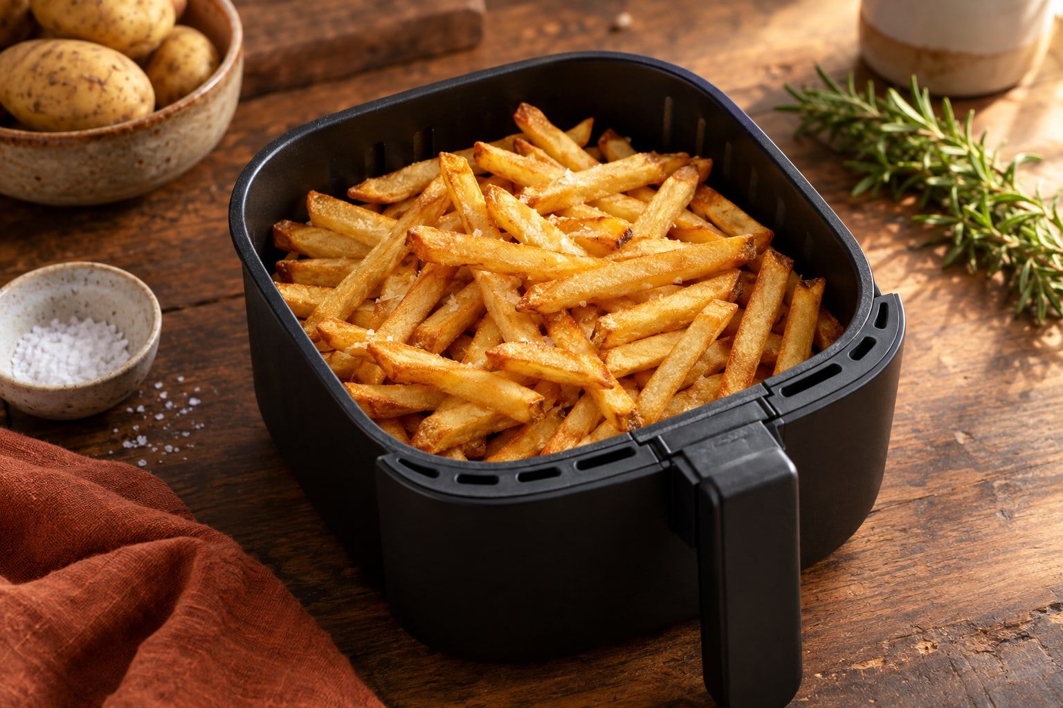 Pommes im Airfryer, goldgelbe Pommes frites mit knuspriger Oberfläche in einem schwarzen Airfryer-Korb