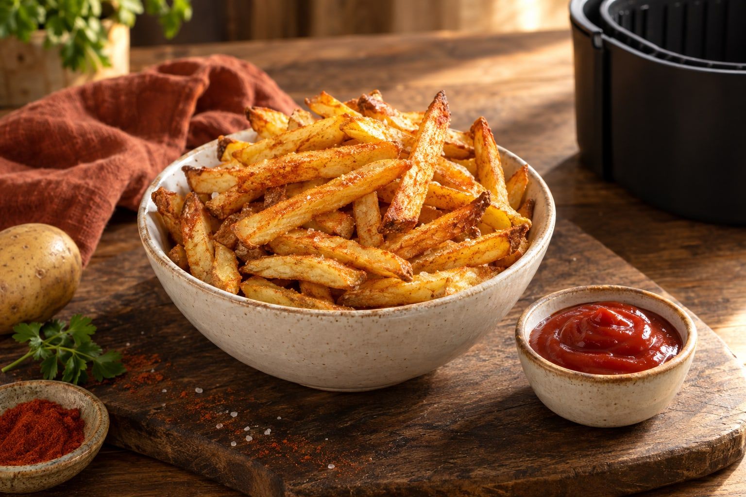Pommes selber machen im Airfryer, goldgelbe selbst geschnittene Pommes mit knuspriger Oberfläche in einer weißen Schüssel mit Ketchup