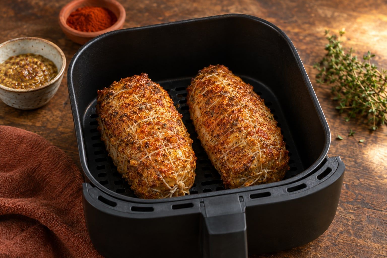 Putenrollbraten im Airfryer, zwei kleine goldbraune Rollbraten im Netz mit Senf-Paprika-Kruste in einem schwarzen Airfryer-Korb
